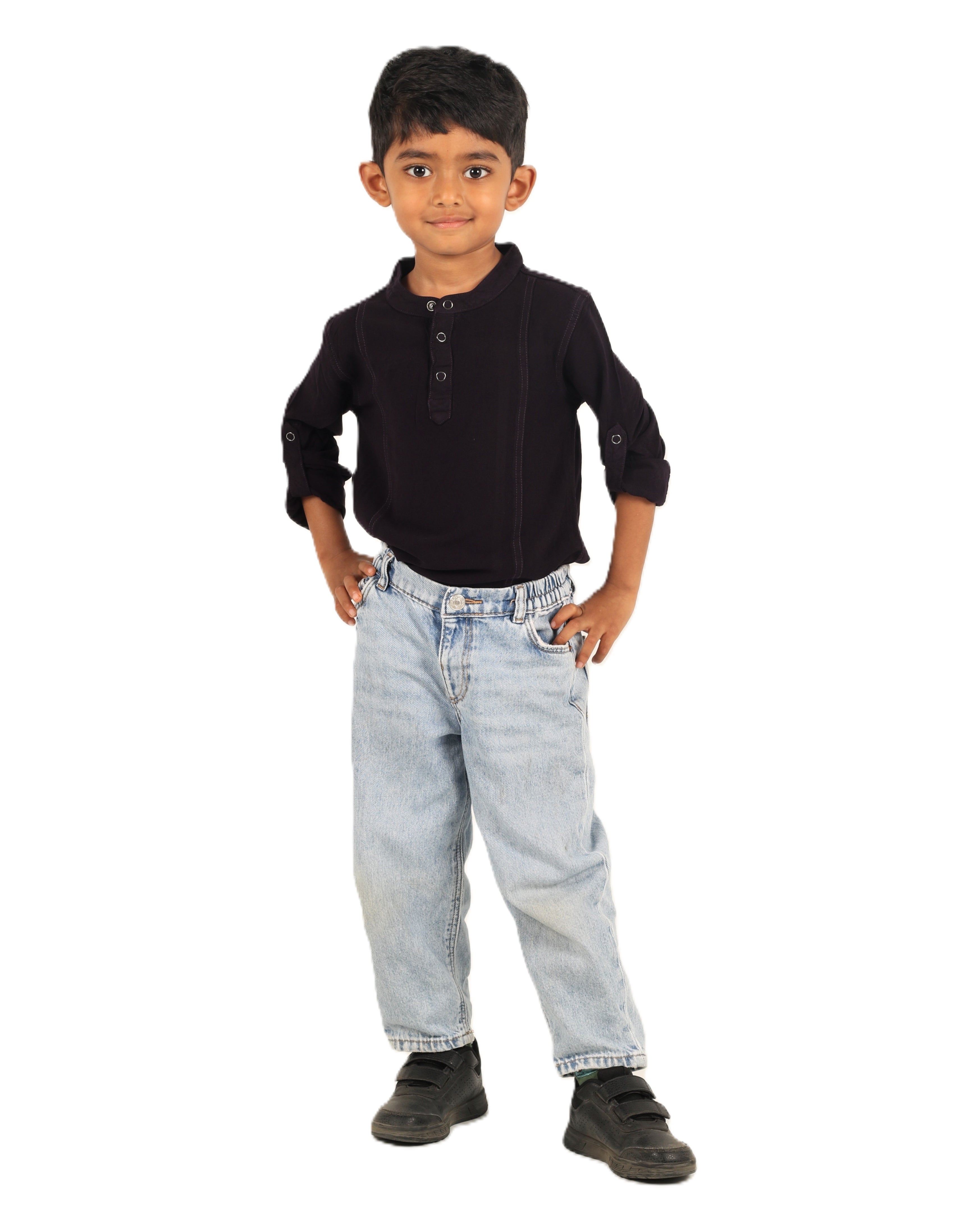 IDENTITI Boys Slim Fit Mandarin Collar Solid Shirt In Black.