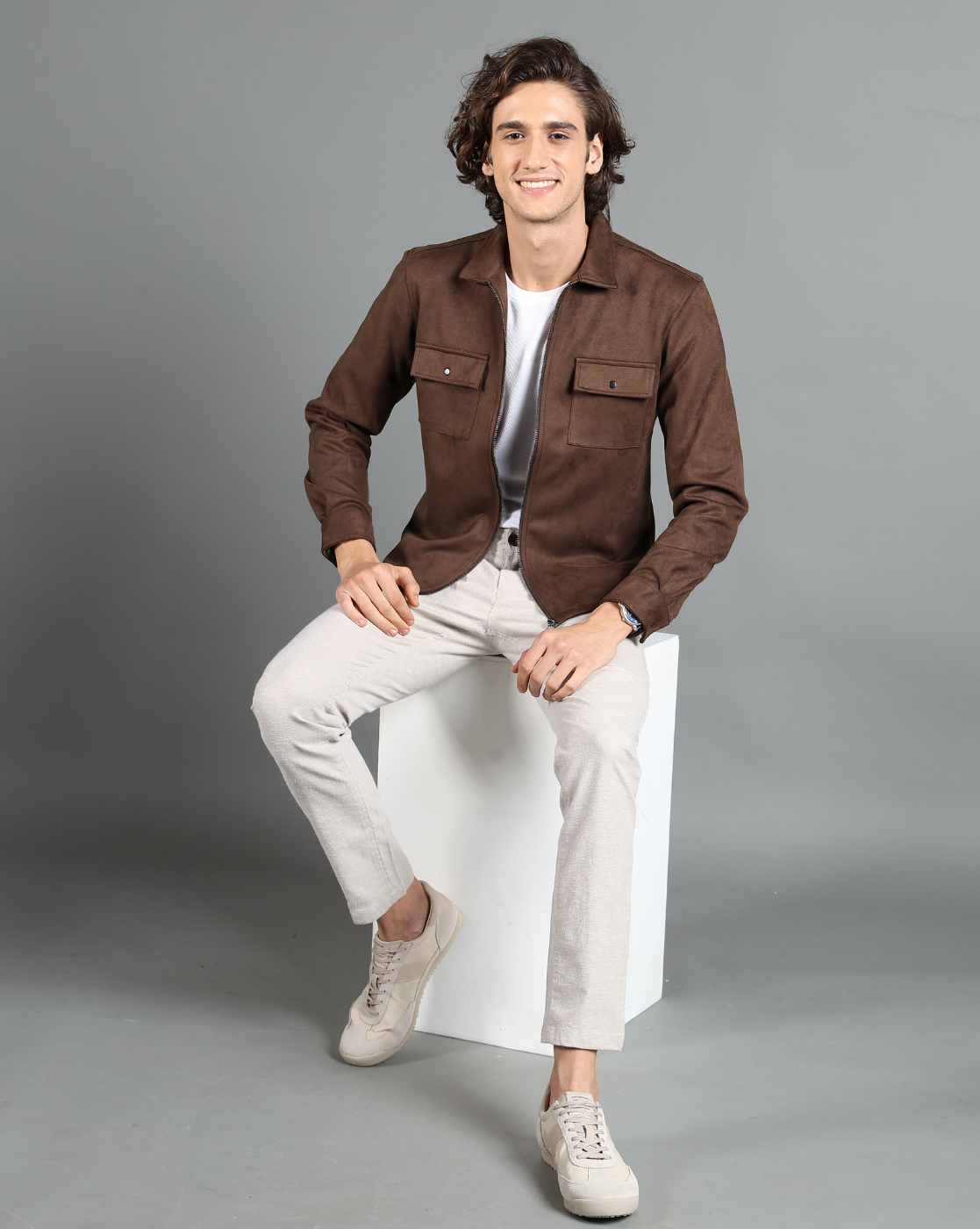 IDENTITI Men Slim Fit Regular Collar Solid Suede Jacket In Brown