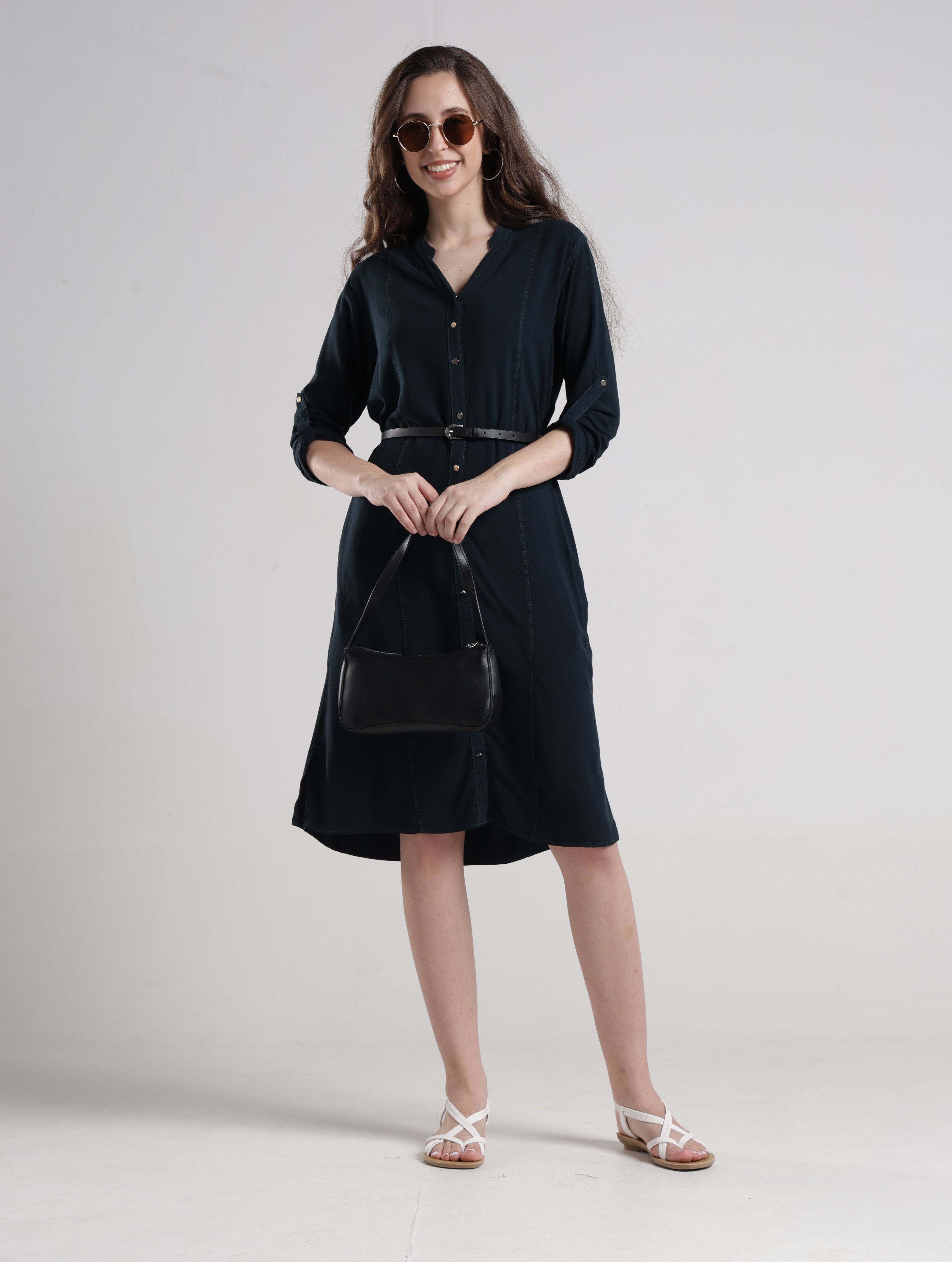 Identiti Women Indo Western Solid Dress - Jungle green