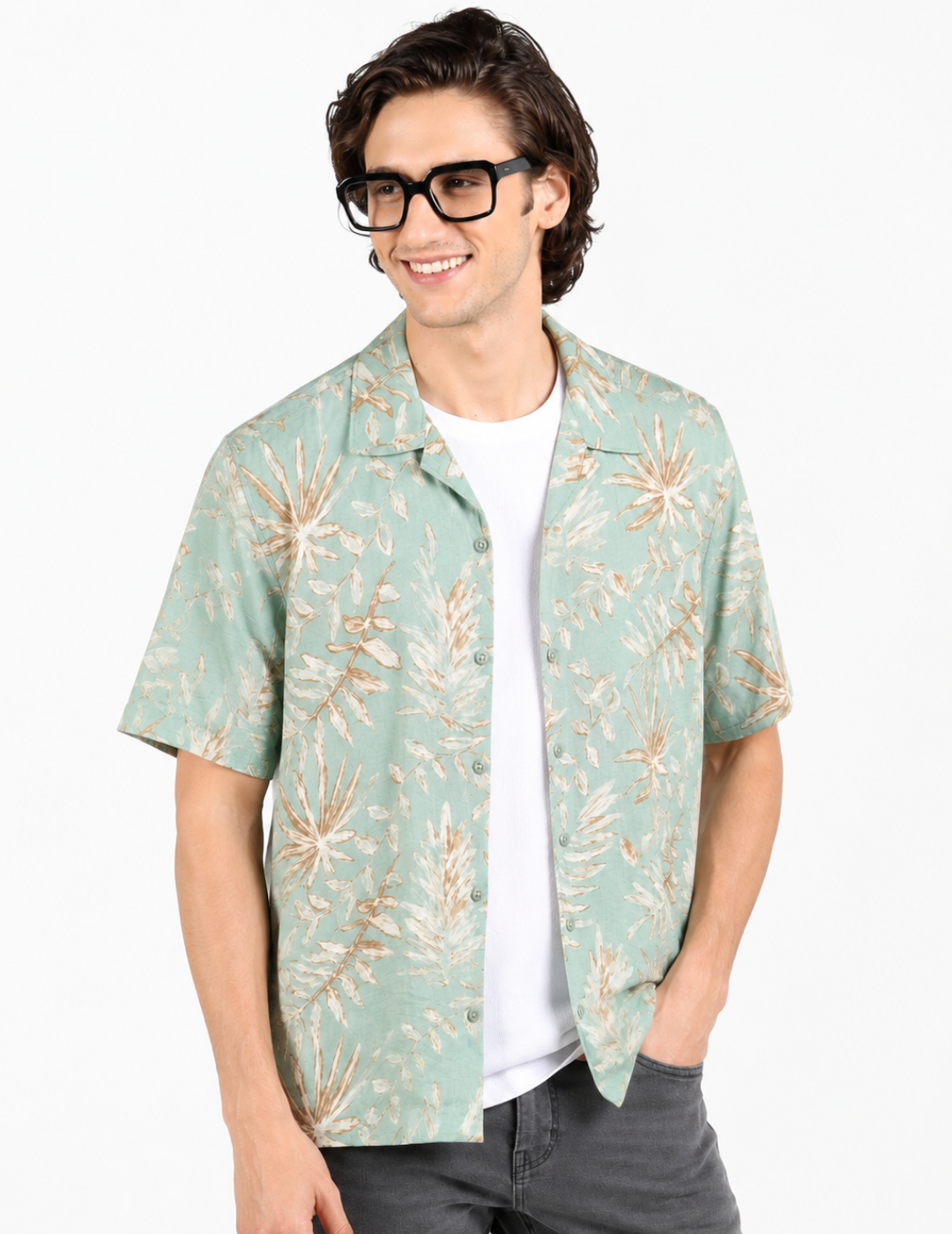 IDENTITI Men Slim Fit Cuban Collar Printed Shirt In Mint.