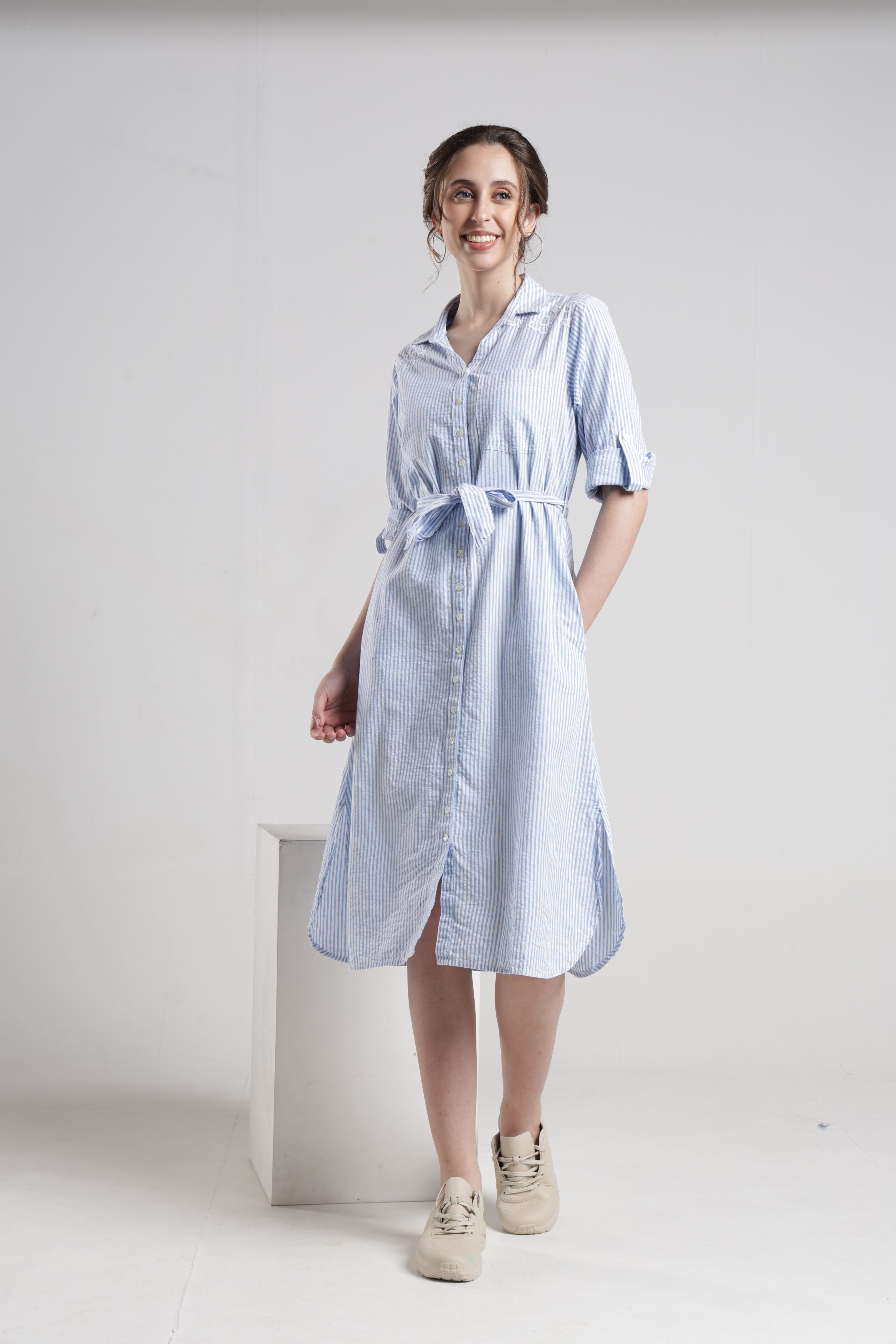 Identiti Women Casual Striped Embroidered Dress - Blue