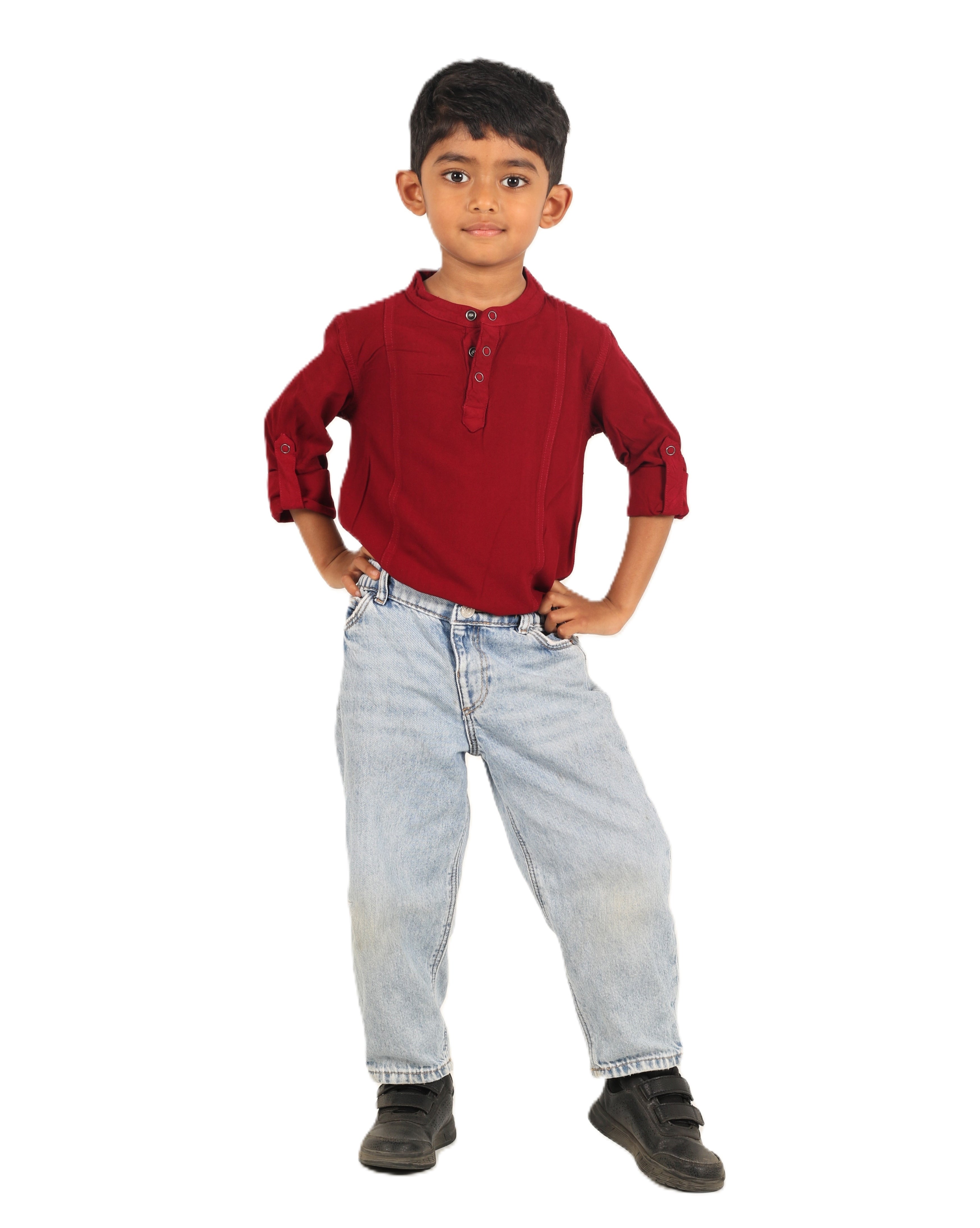 IDENTITI Boys Slim Fit Mandarin Collar Solid Shirt In Maroon.