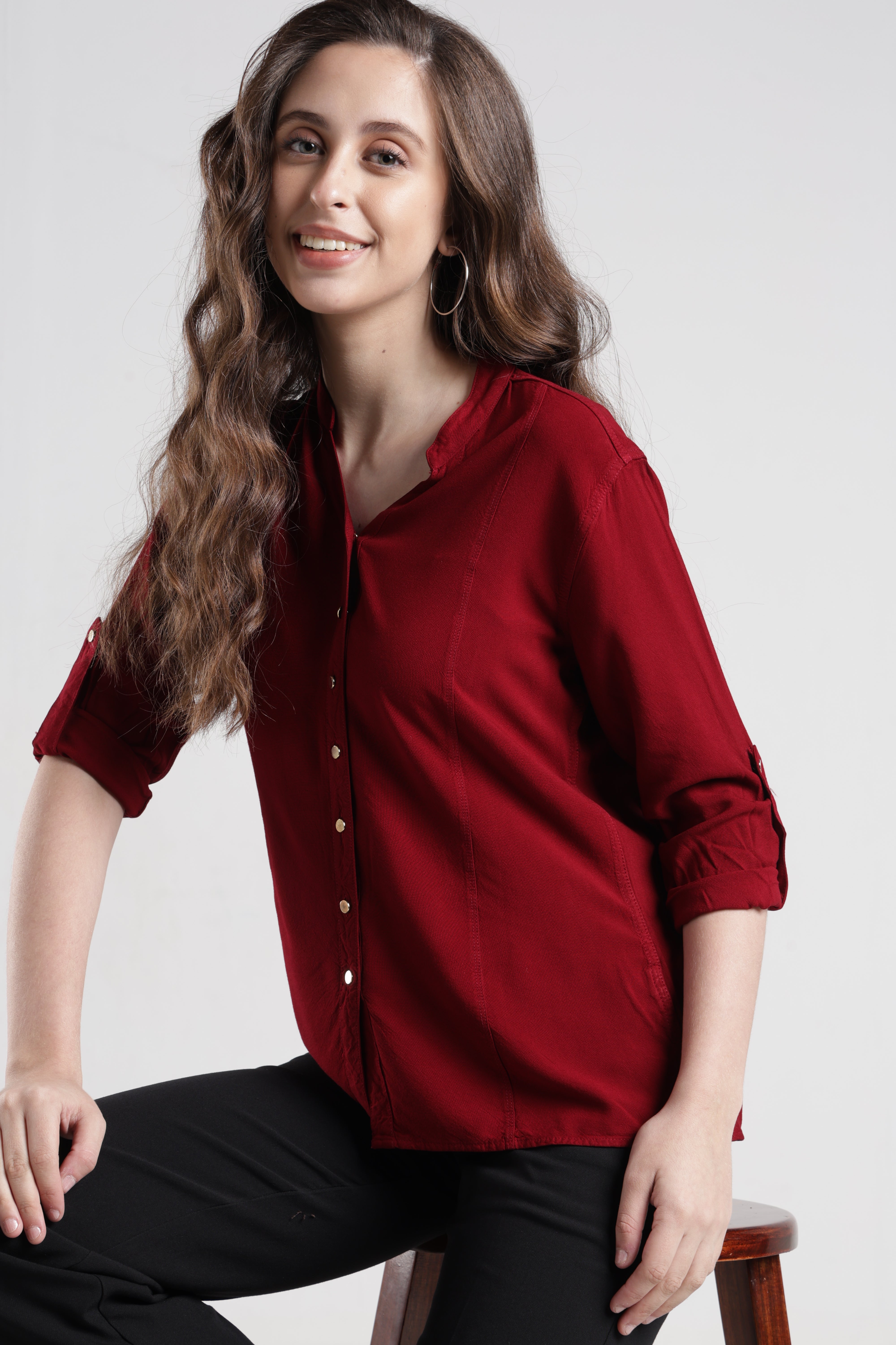 Identiti Women Indo Western Solid Shirt - Maroon