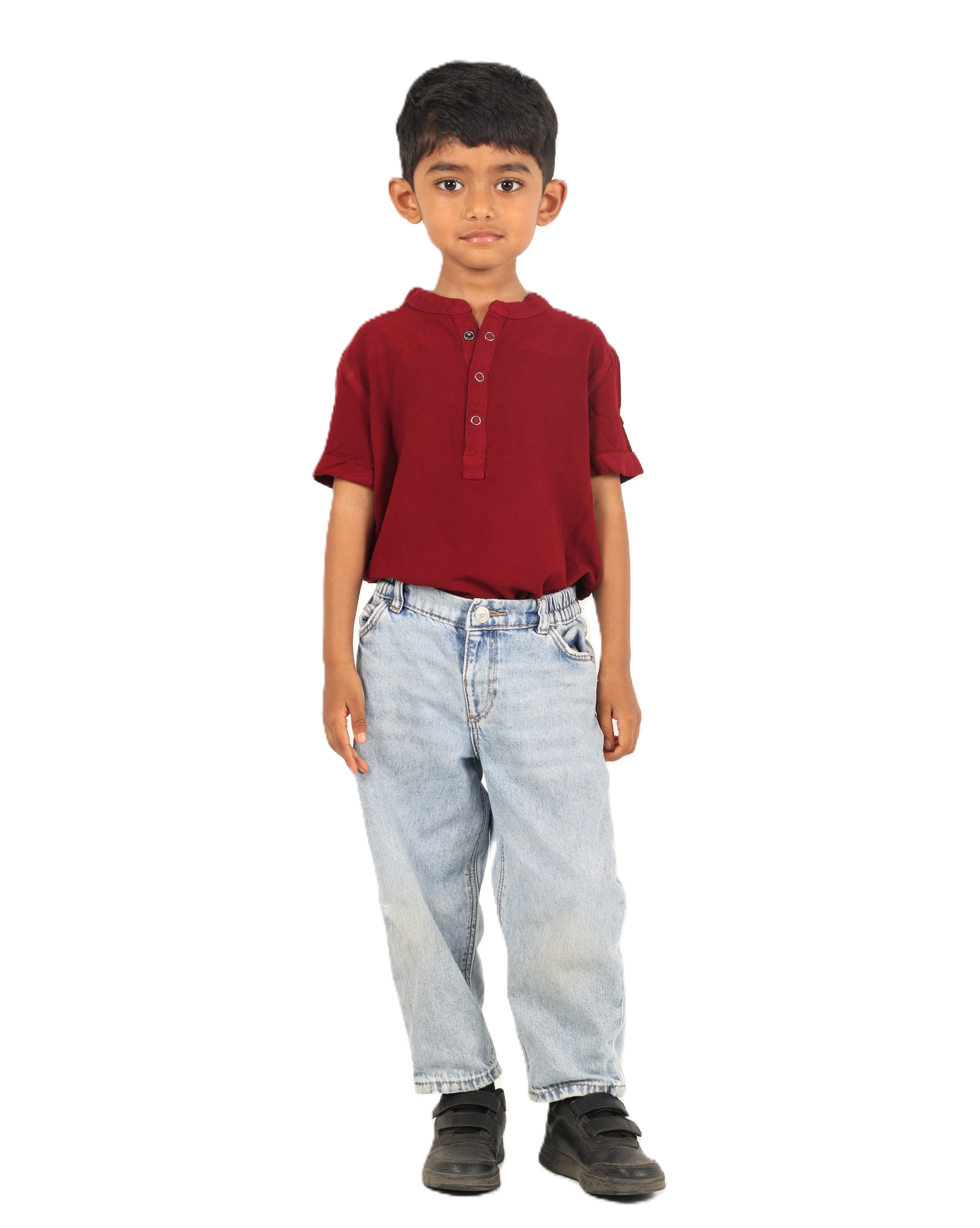 IDENTITI Boys Slim Fit Mandarin Collar Solid Shirt In Maroon.