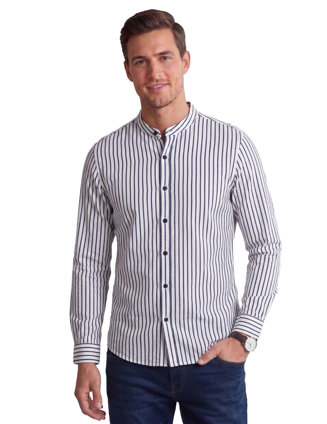 IDENTITI Men Slim Fit Mandarin Collar Striped Shirt In Blue.
