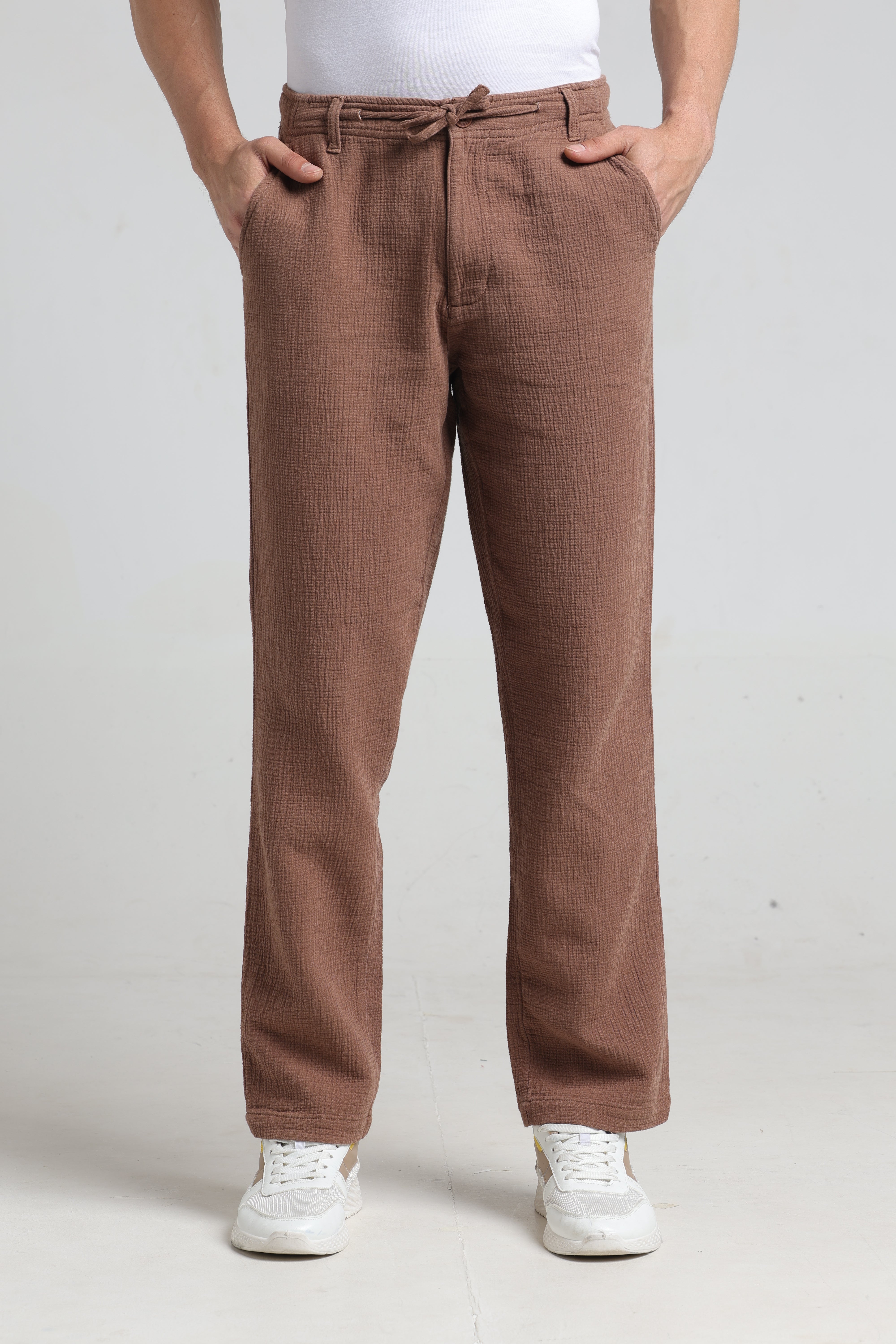 IDENTITI Men Relaxed Fit Non Denim Solid Trouser In Brown.
