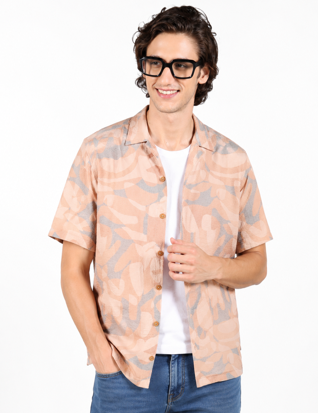 IDENTITI Men Slim Fit Cuban Collar Printed Shirt In Peach.