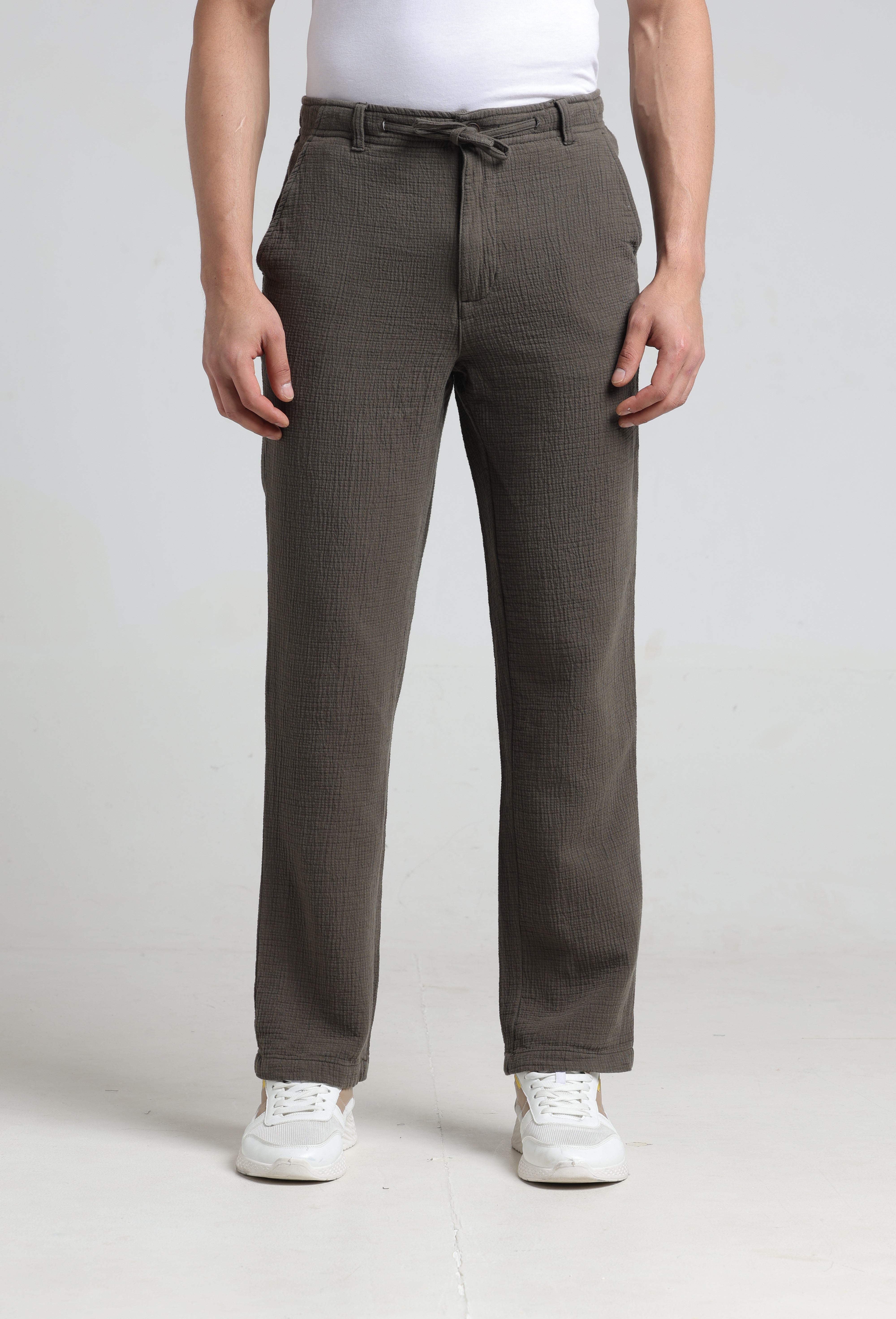 IDENTITI Men Relaxed Fit Non Denim Solid Trouser In Olive Green.