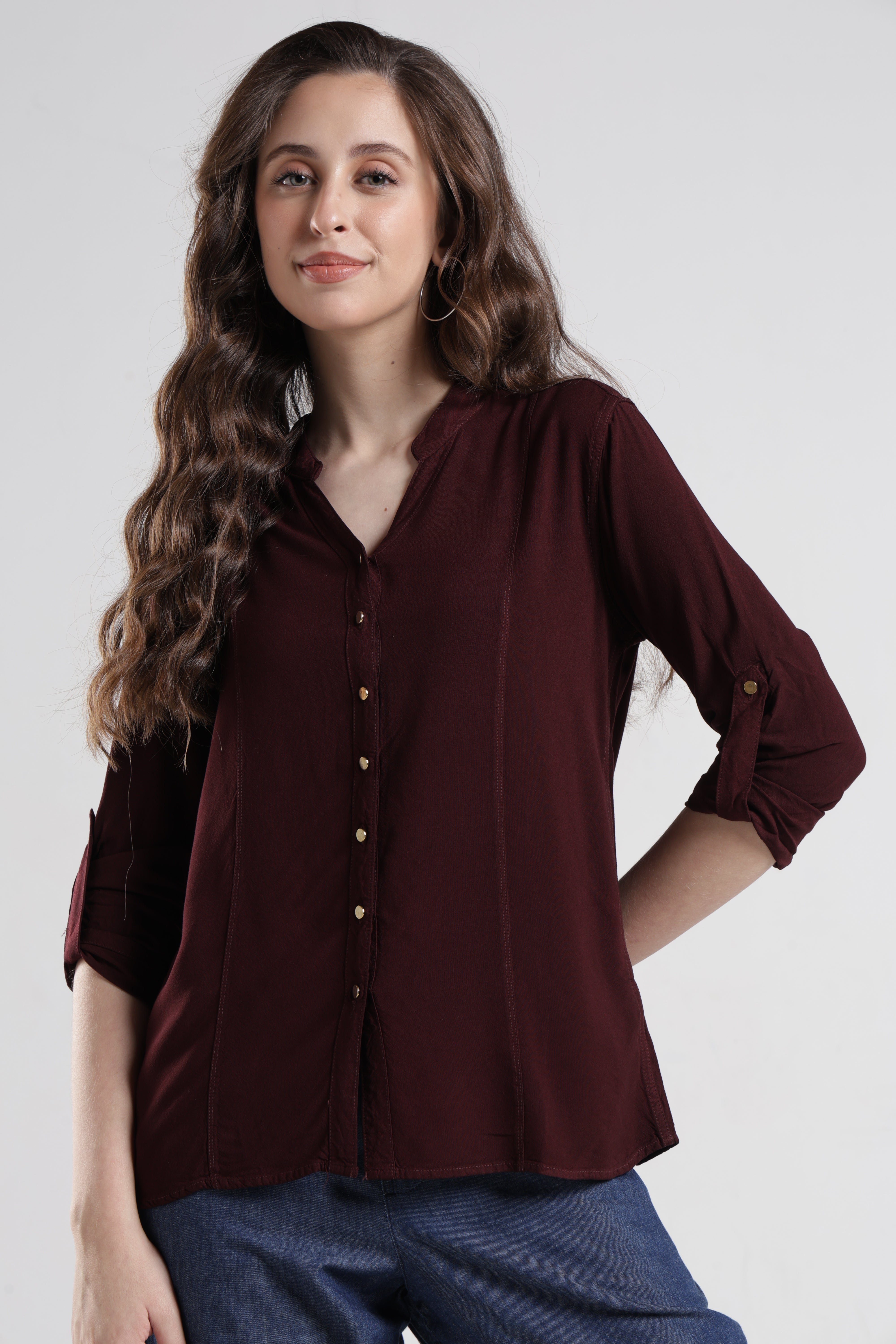 Identiti Women Indo Western Solid Shirt - Nut brown
