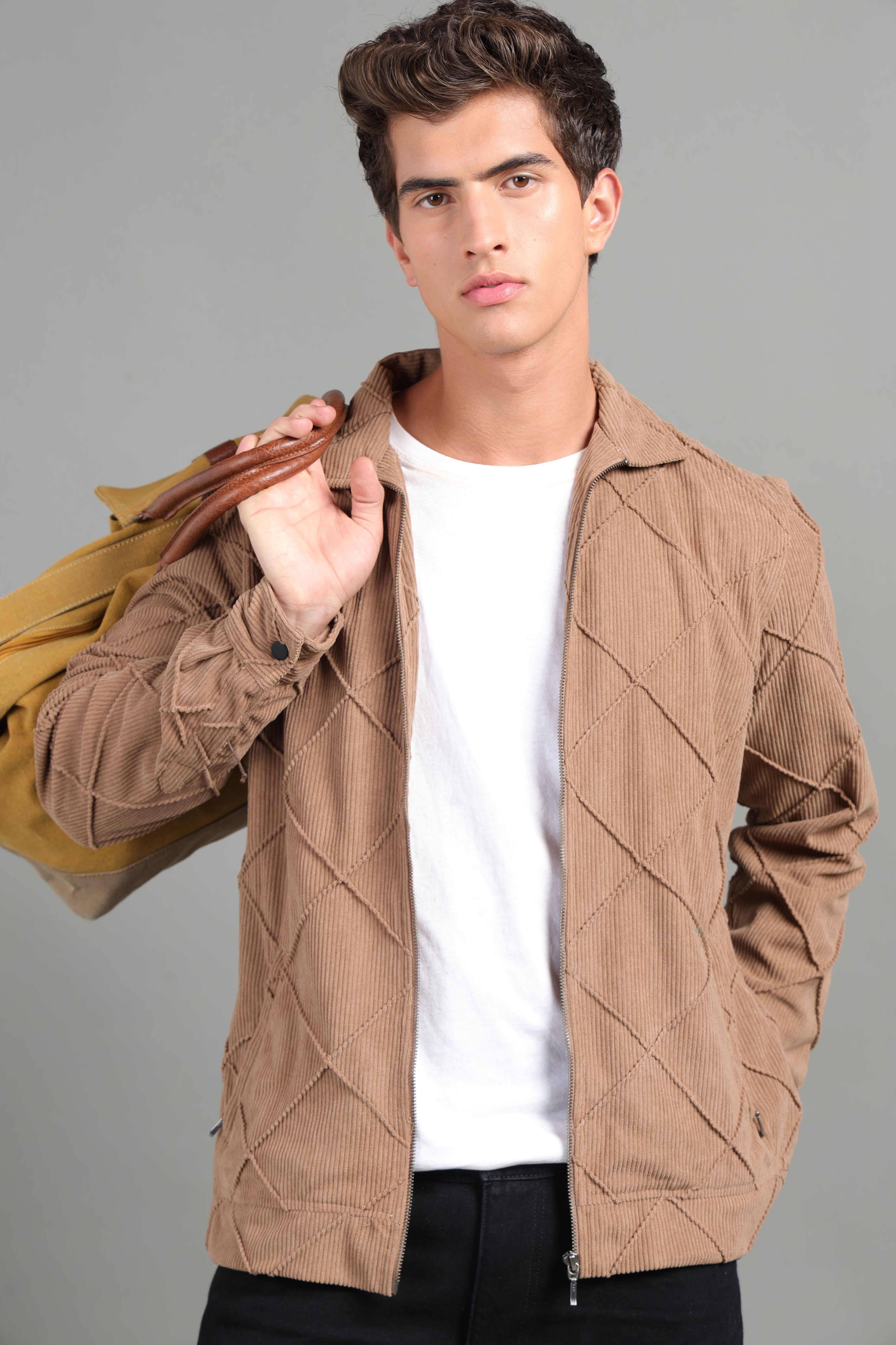 IDENTITI Men Slim Fit Regular Collar Solid Jacket In Khaki.