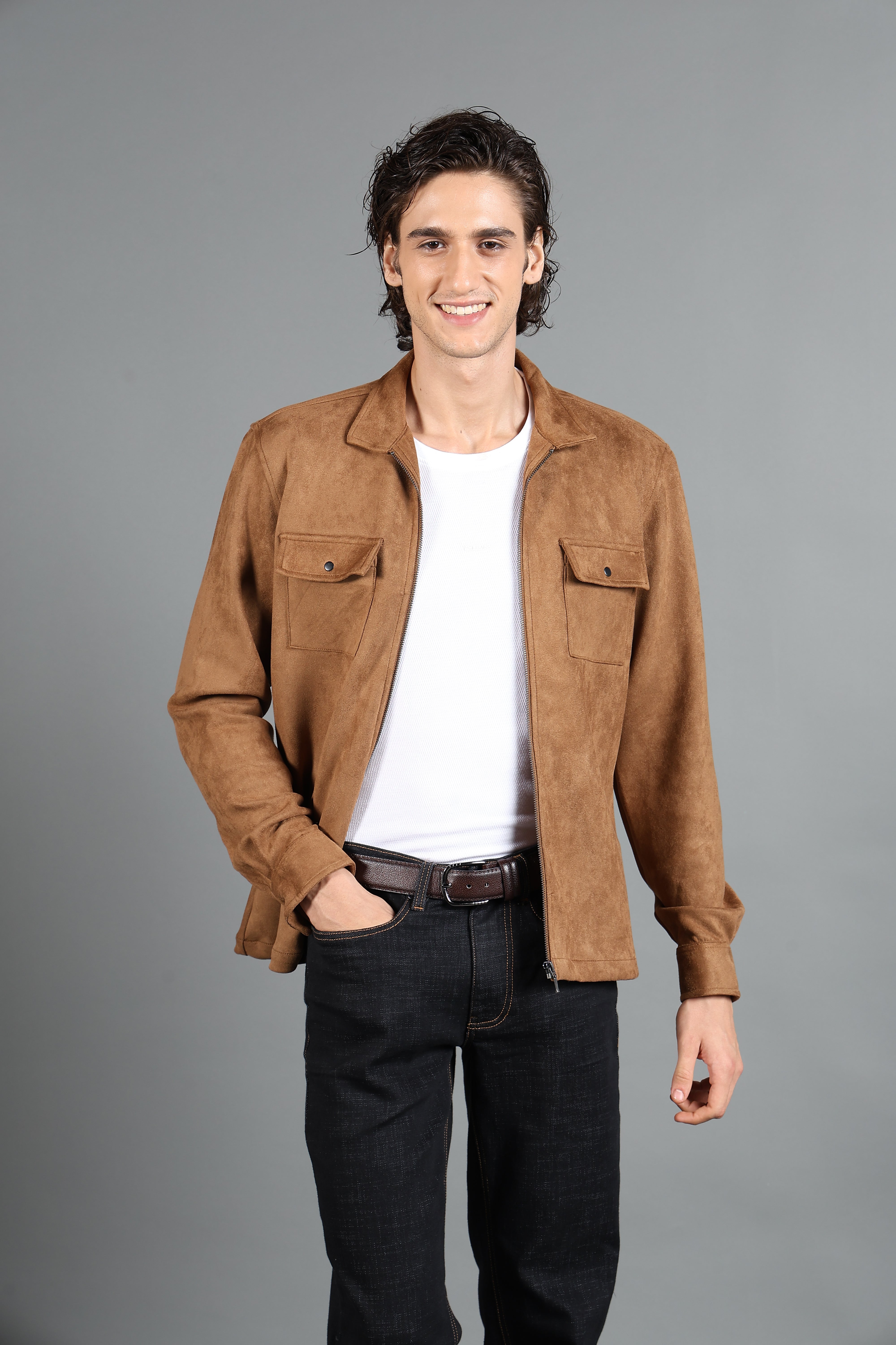 IDENTITI Men Slim Fit Regular Collar Solid Suede Jacket In Khaki