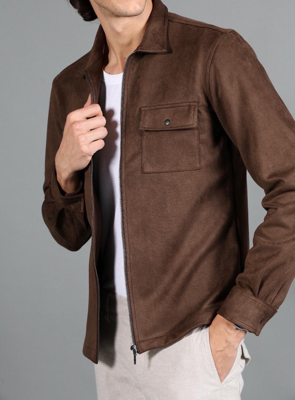 IDENTITI Men Slim Fit Regular Collar Solid Suede Jacket In Brown