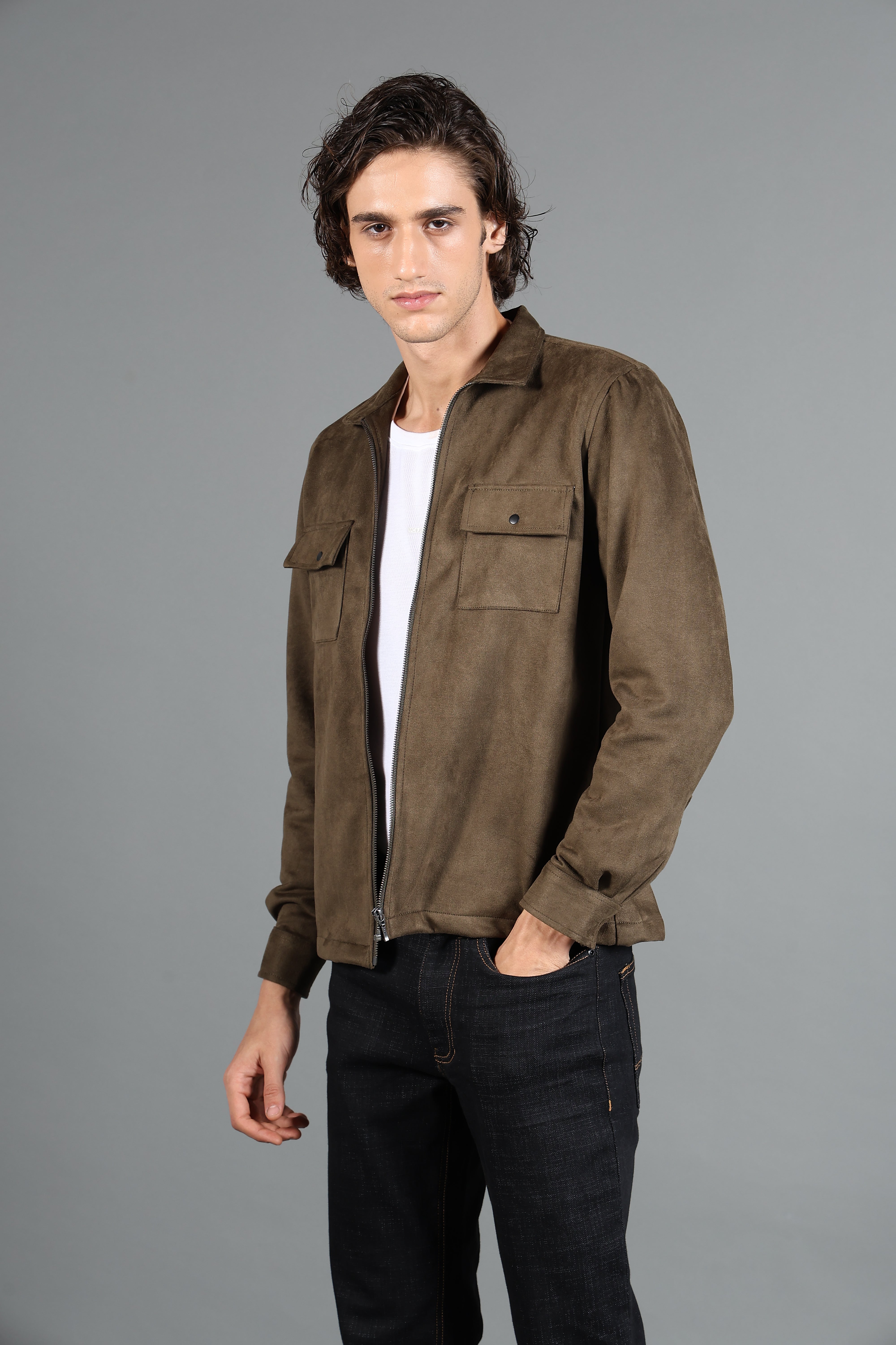IDENTITI Men Slim Fit Regular Collar Solid Suede Jacket In Olive Green.