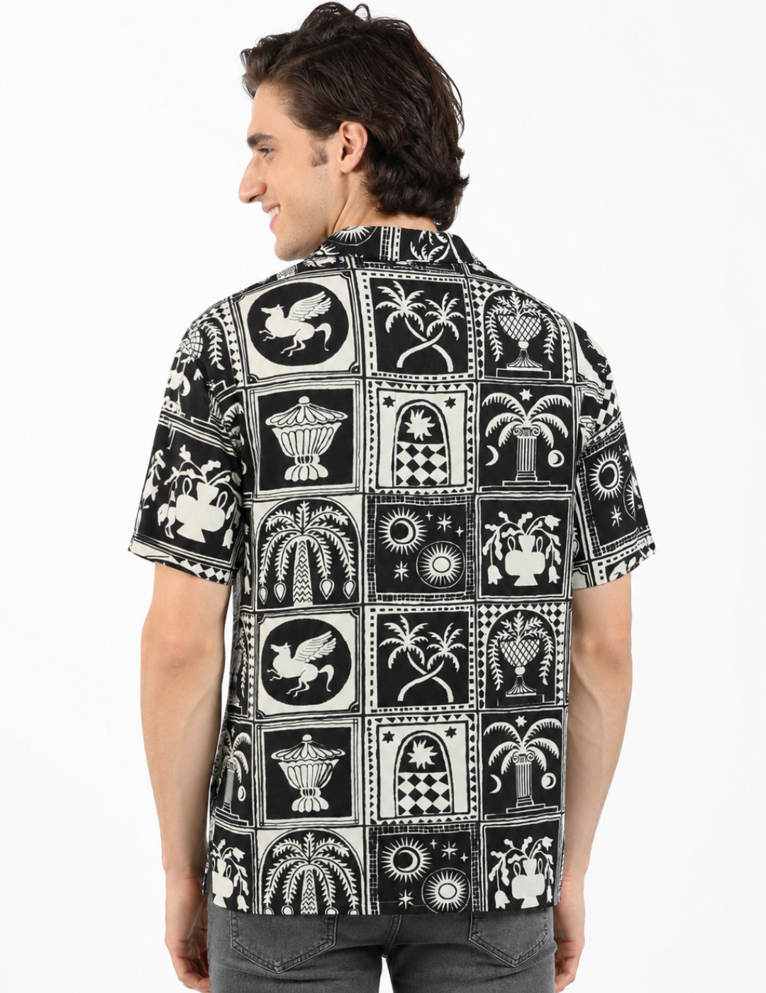 IDENTITI Men Slim Fit Cuban Collar Printed Shirt In Black.