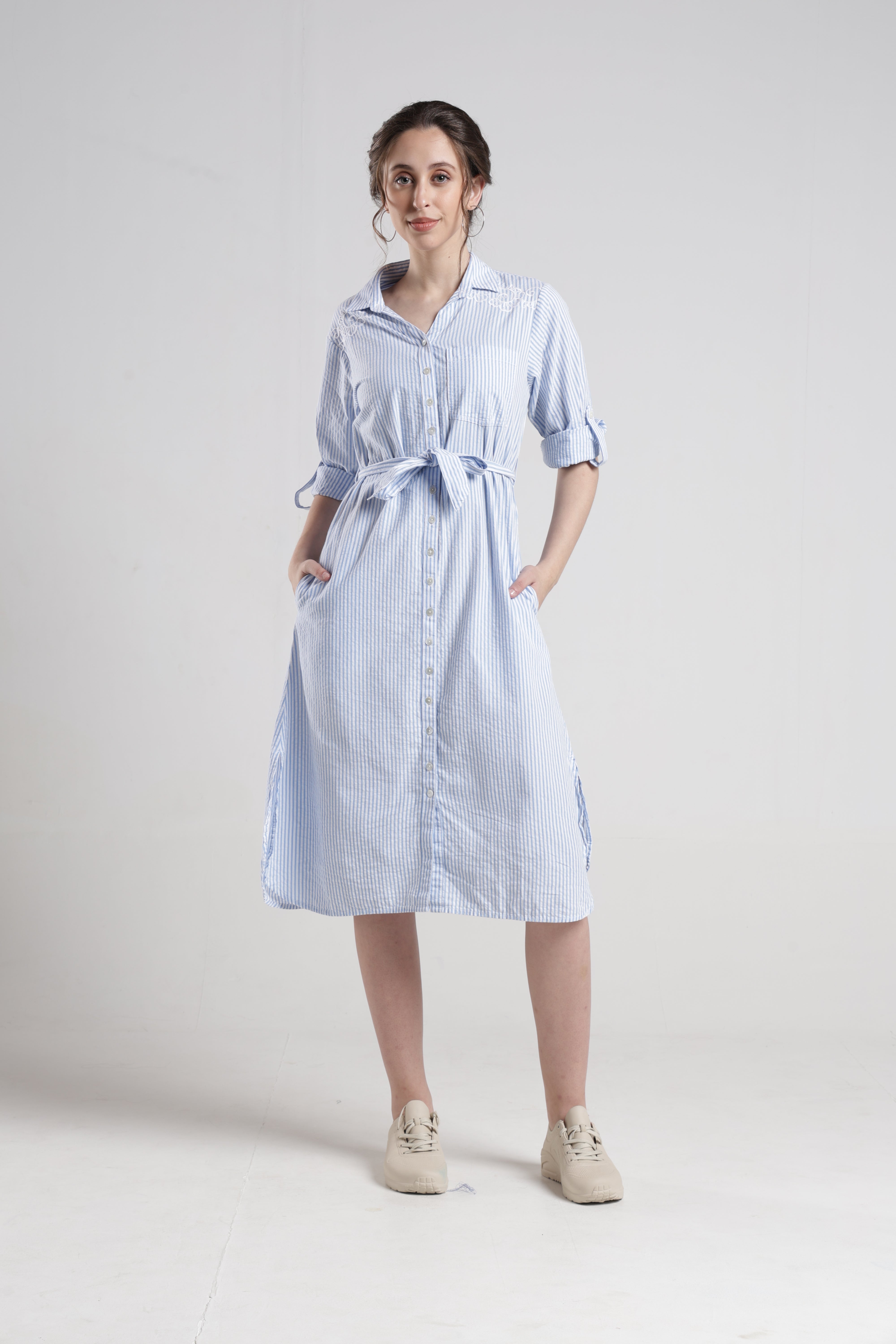 Identiti Women Casual Striped Embroidered Dress - Blue