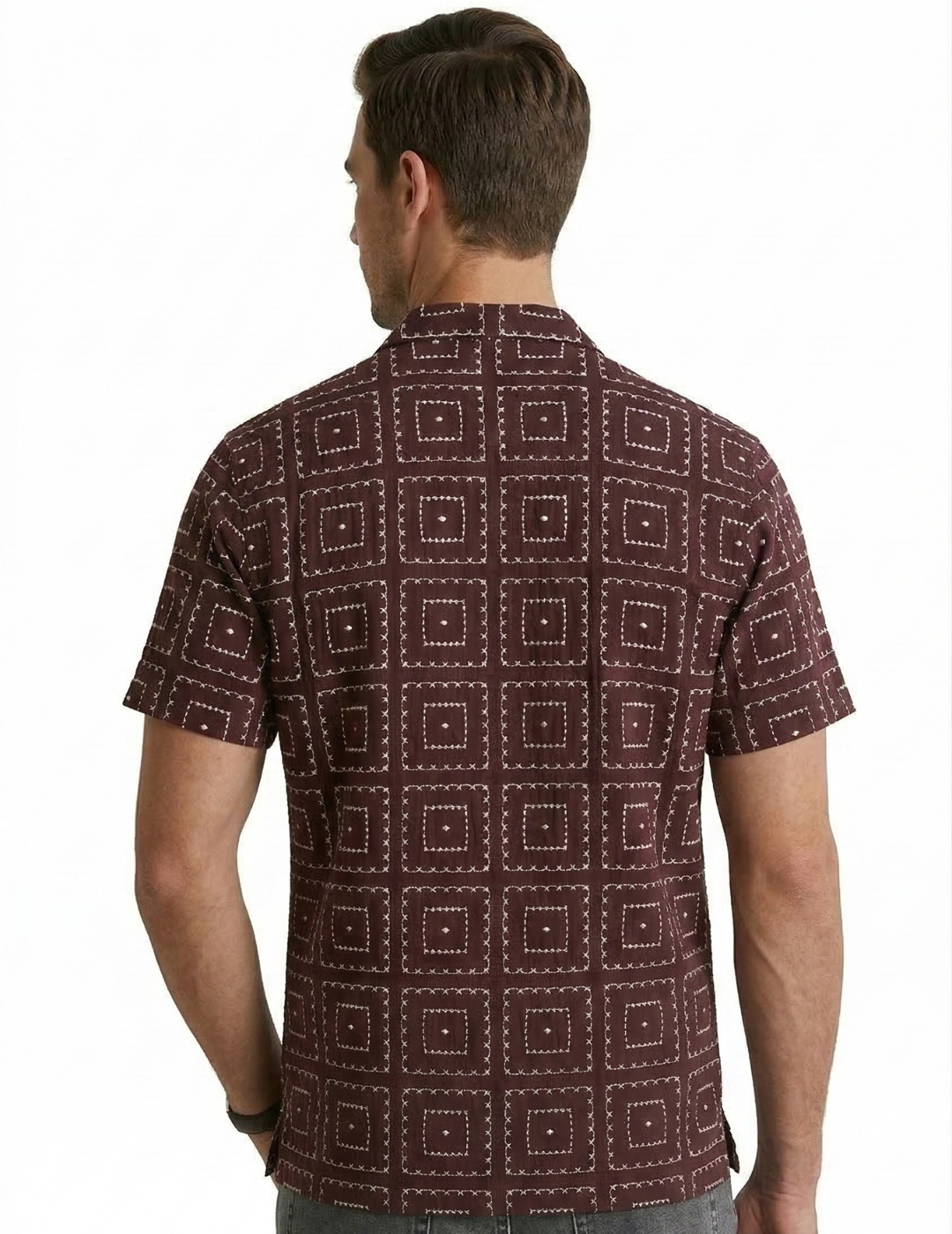 IDENTITI Men Slim Fit Lapel Collar Jacquard Shirt In Wine.