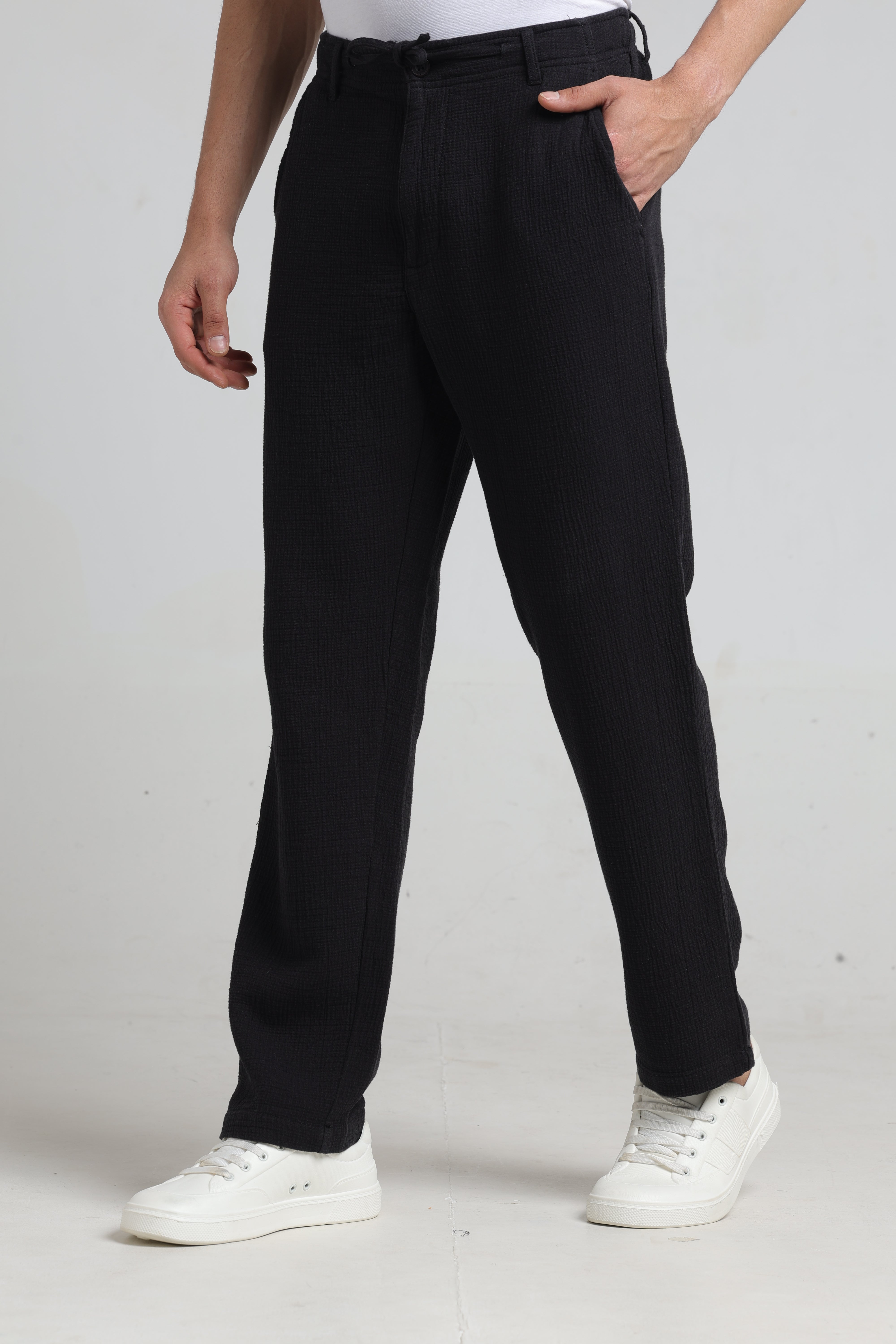 IDENTITI Men Relaxed Fit Non Denim Solid Trouser In Black.