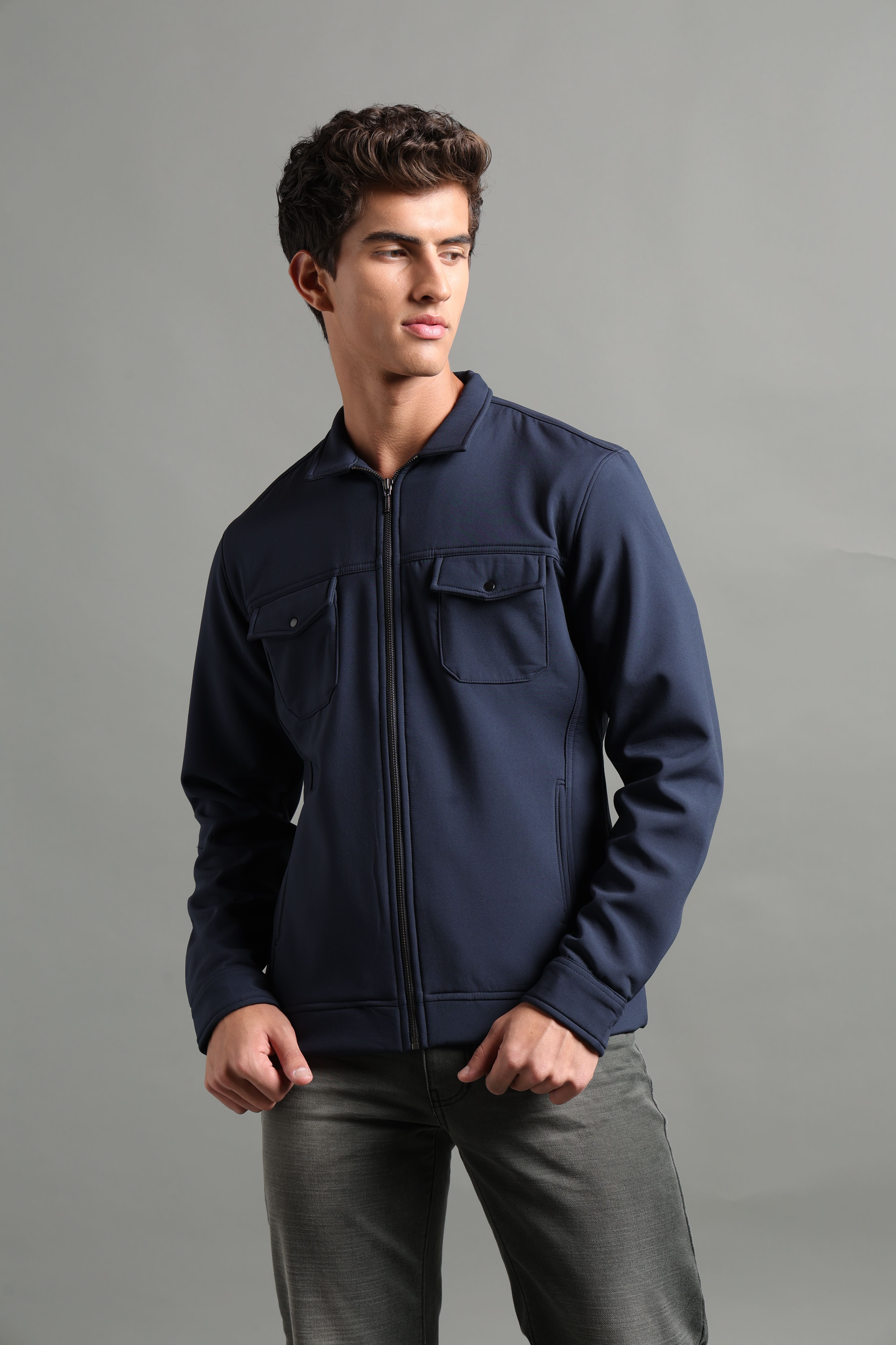 IDENTITI Men Slim Fit Regular Collar Solid Jacket In Navy.