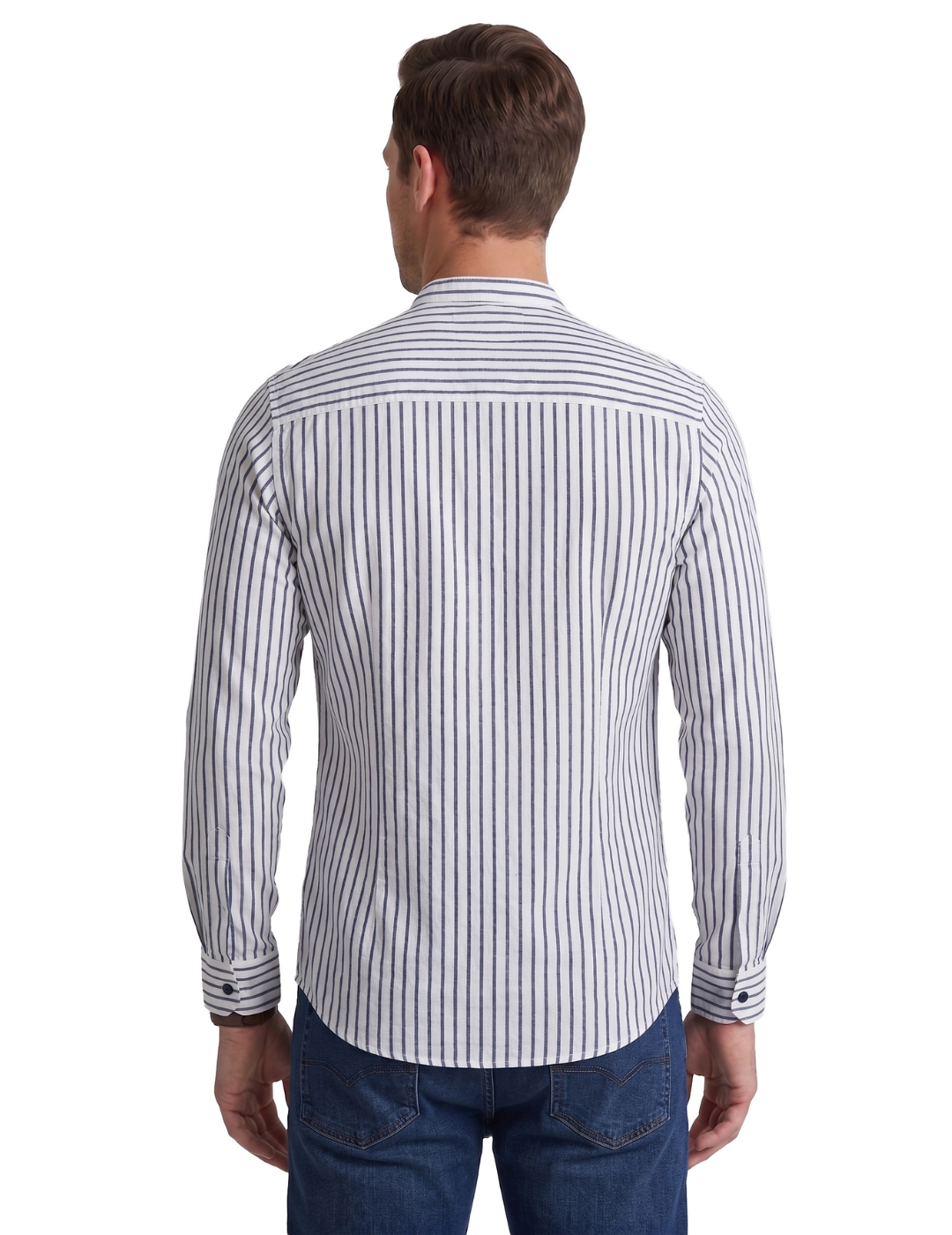 IDENTITI Men Slim Fit Mandarin Collar Striped Shirt In Blue.