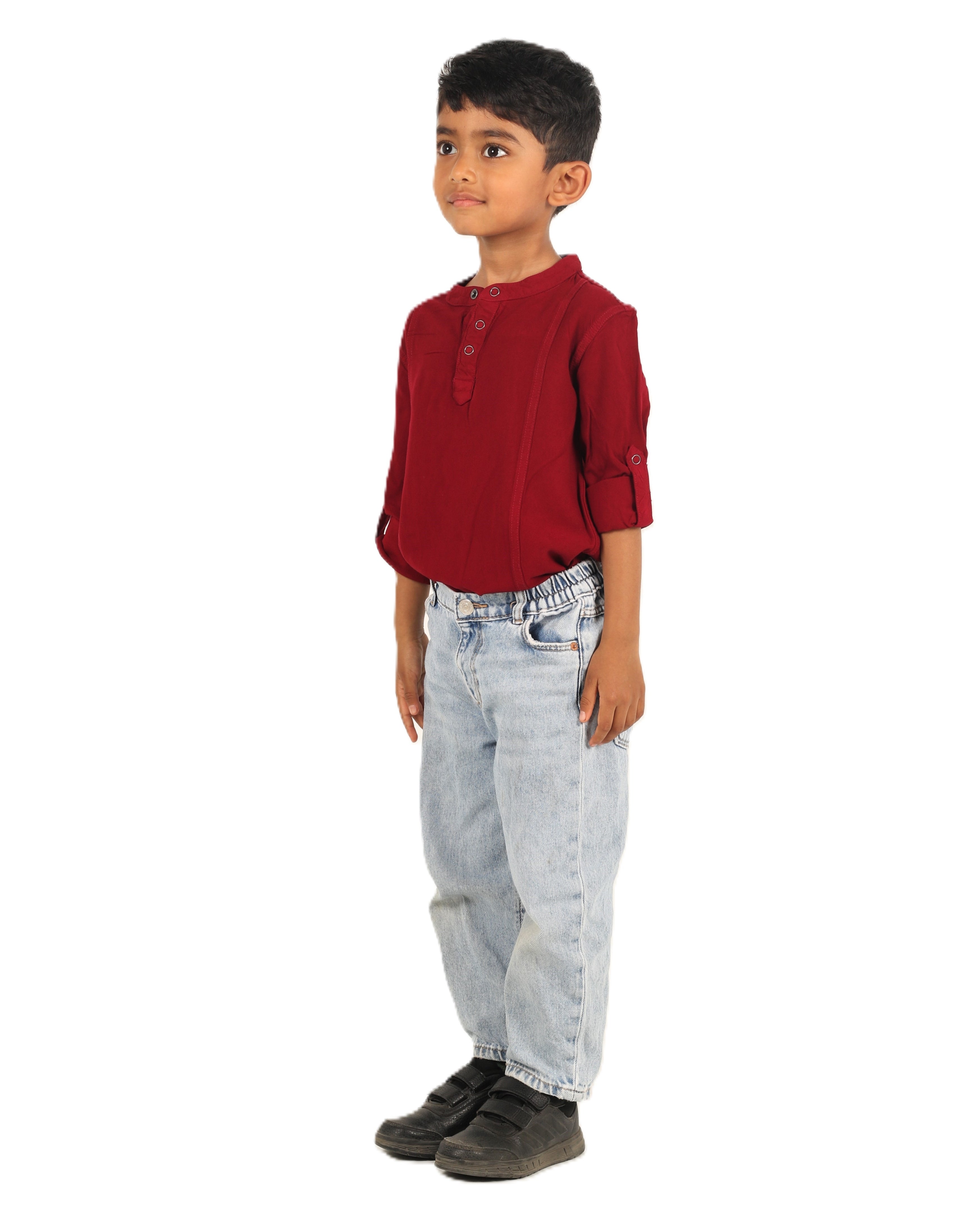 IDENTITI Boys Slim Fit Mandarin Collar Solid Shirt In Maroon.