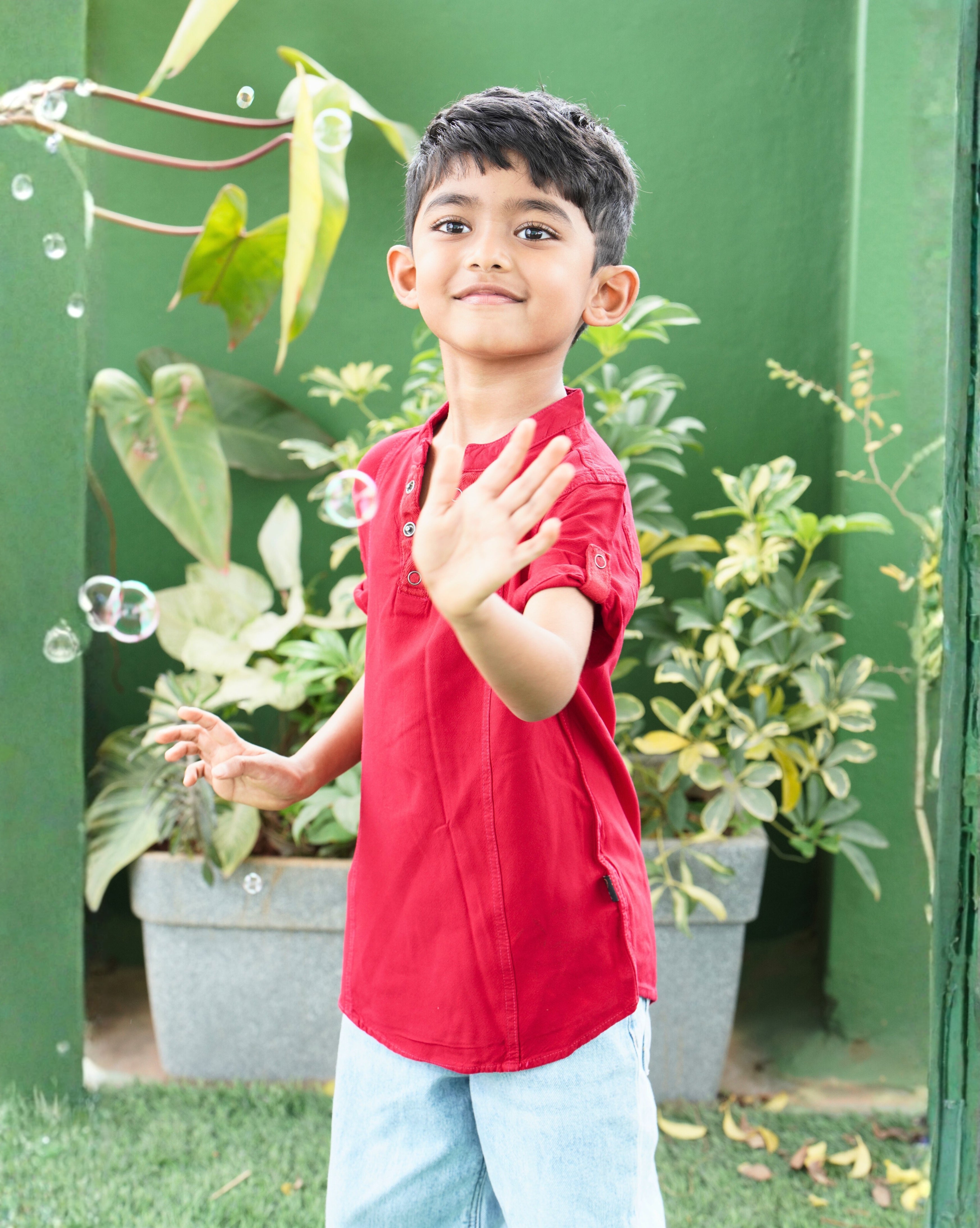 IDENTITI Boys Slim Fit Mandarin Collar Solid Shirt In Red.