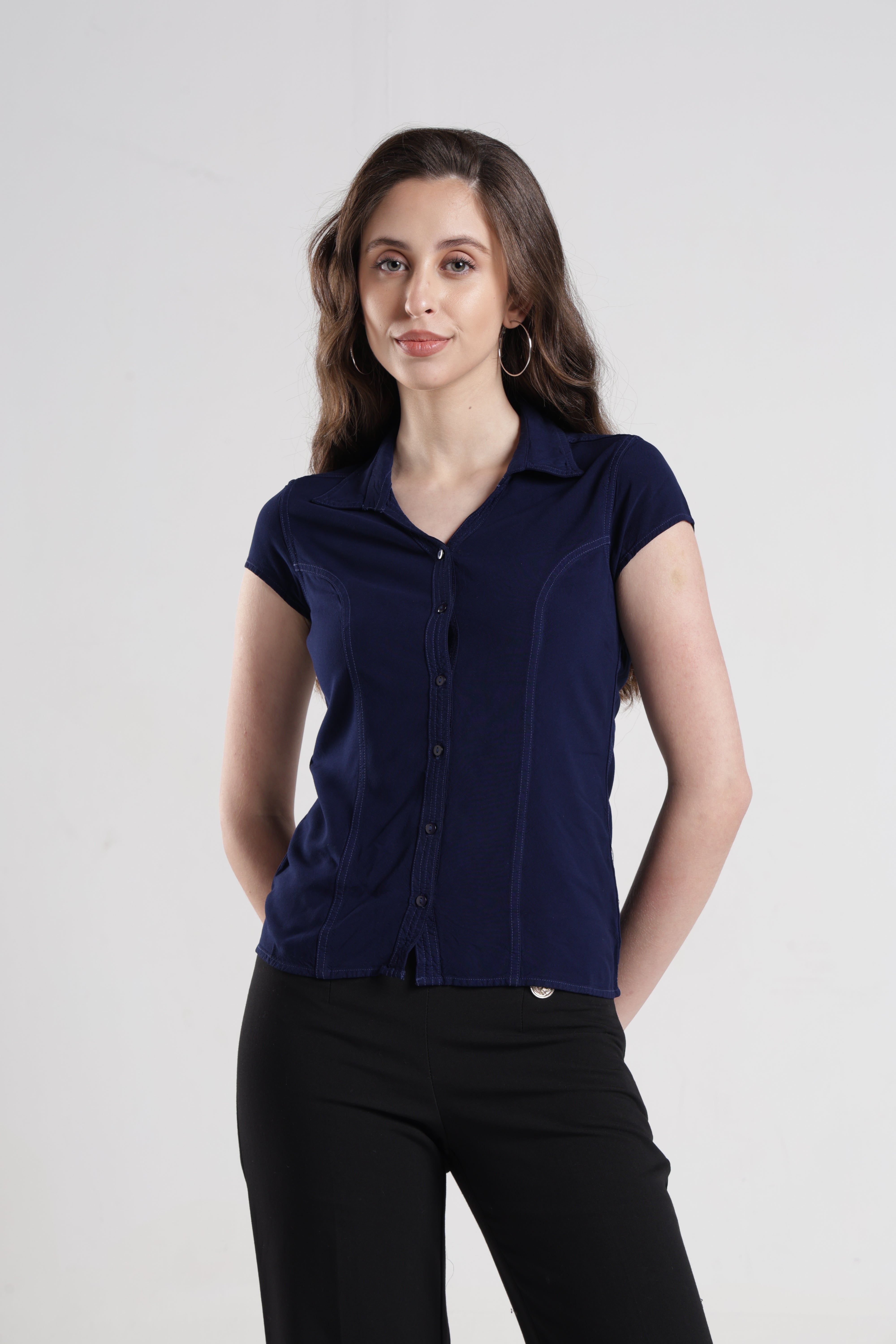 Identiti Women Indo Western Solid Shirt - Navy.