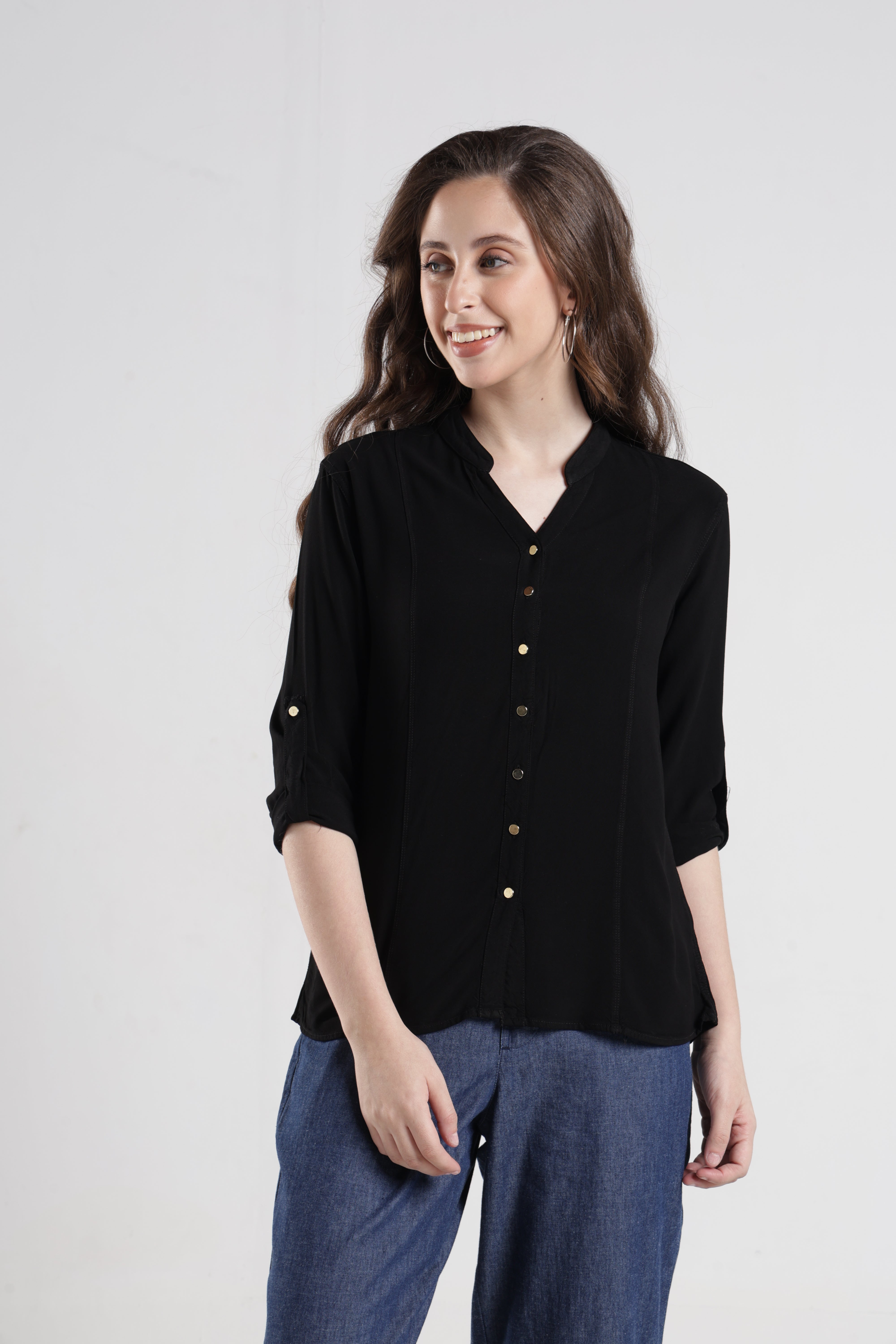 Identiti Women Indo Western Solid Shirt - Black