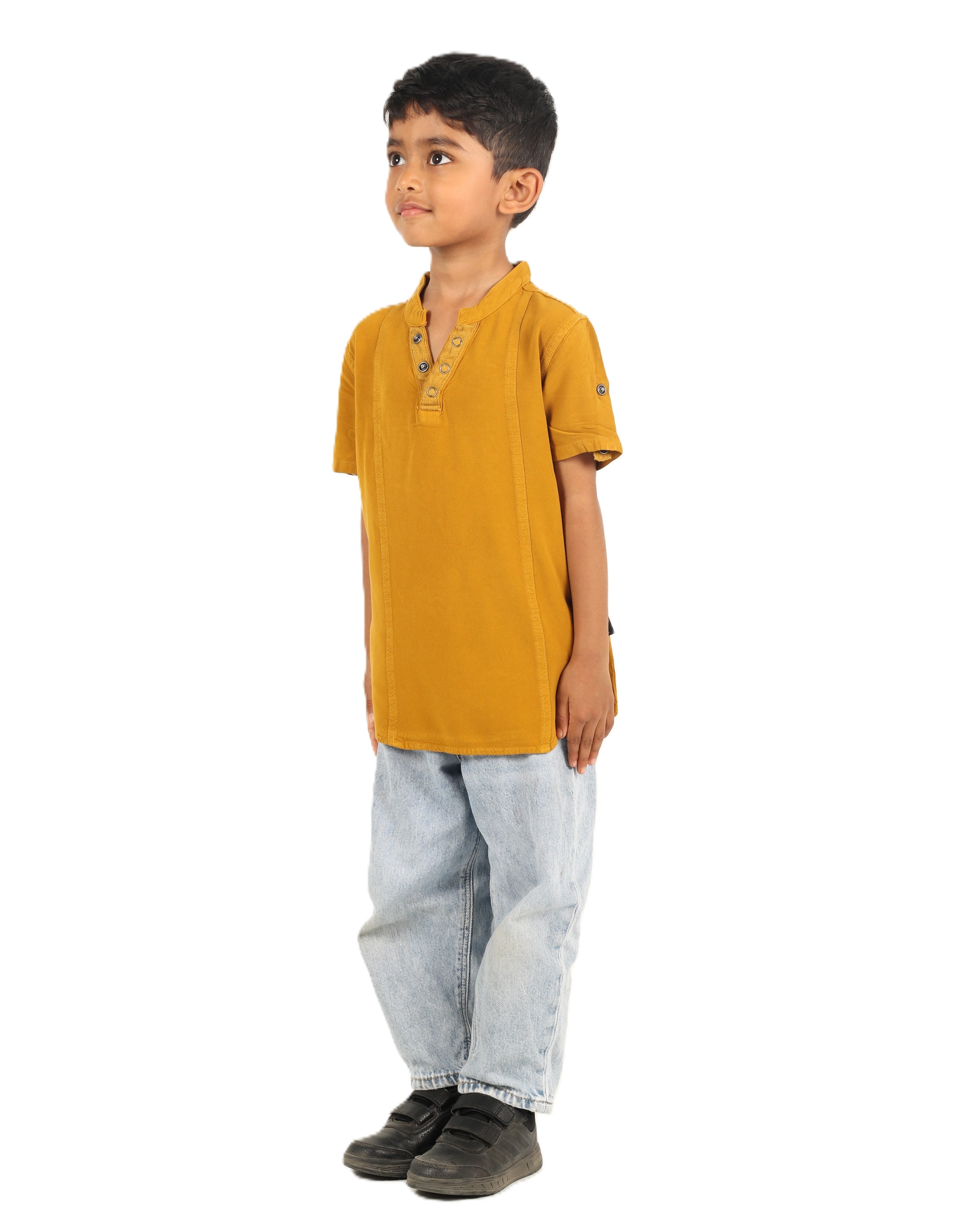IDENTITI Boys Slim Fit Mandarin Collar Solid Shirt In Mustard.