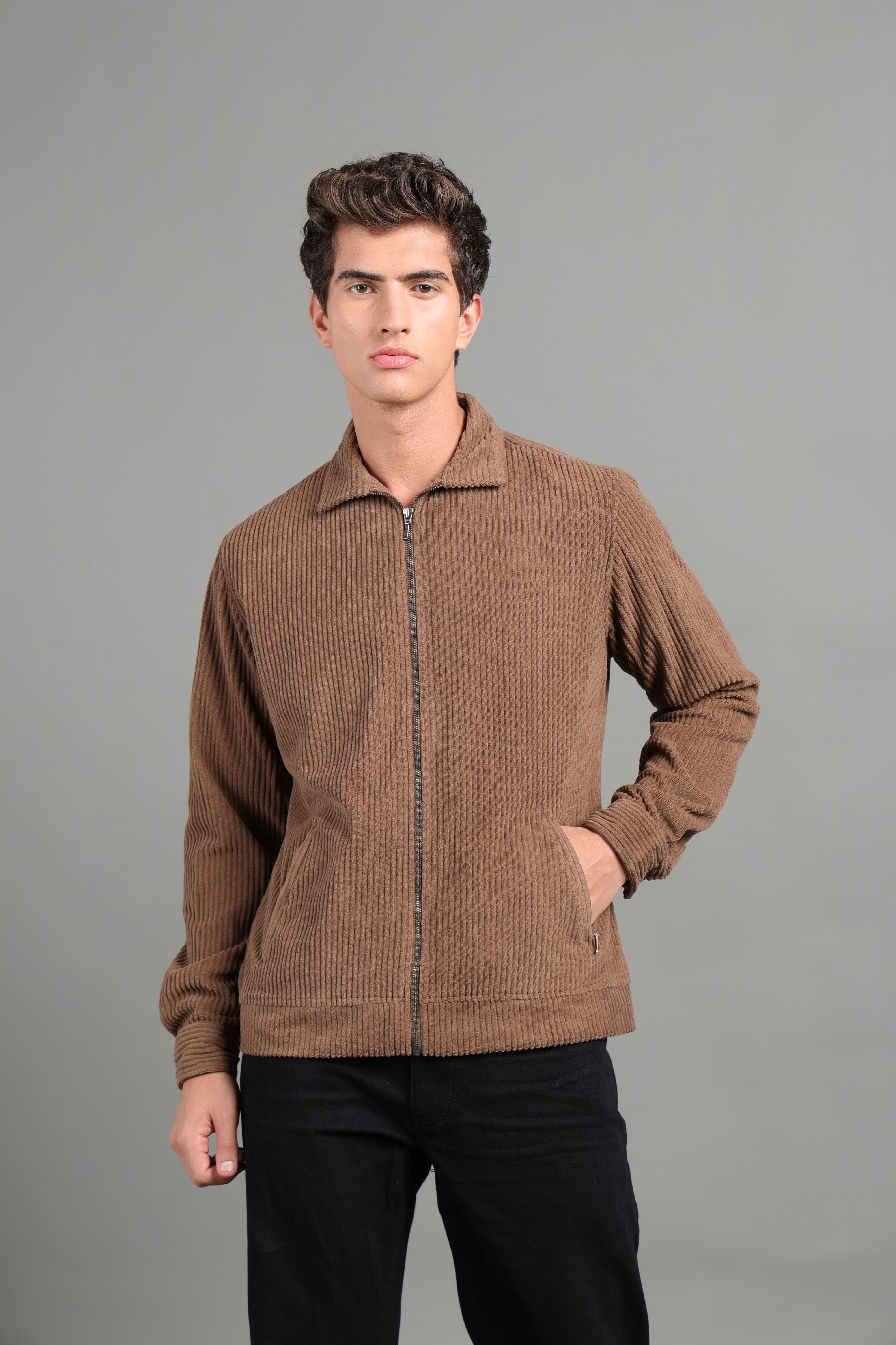 IDENTITI Men Slim Fit Regular Collar Solid Jacket In Khaki.