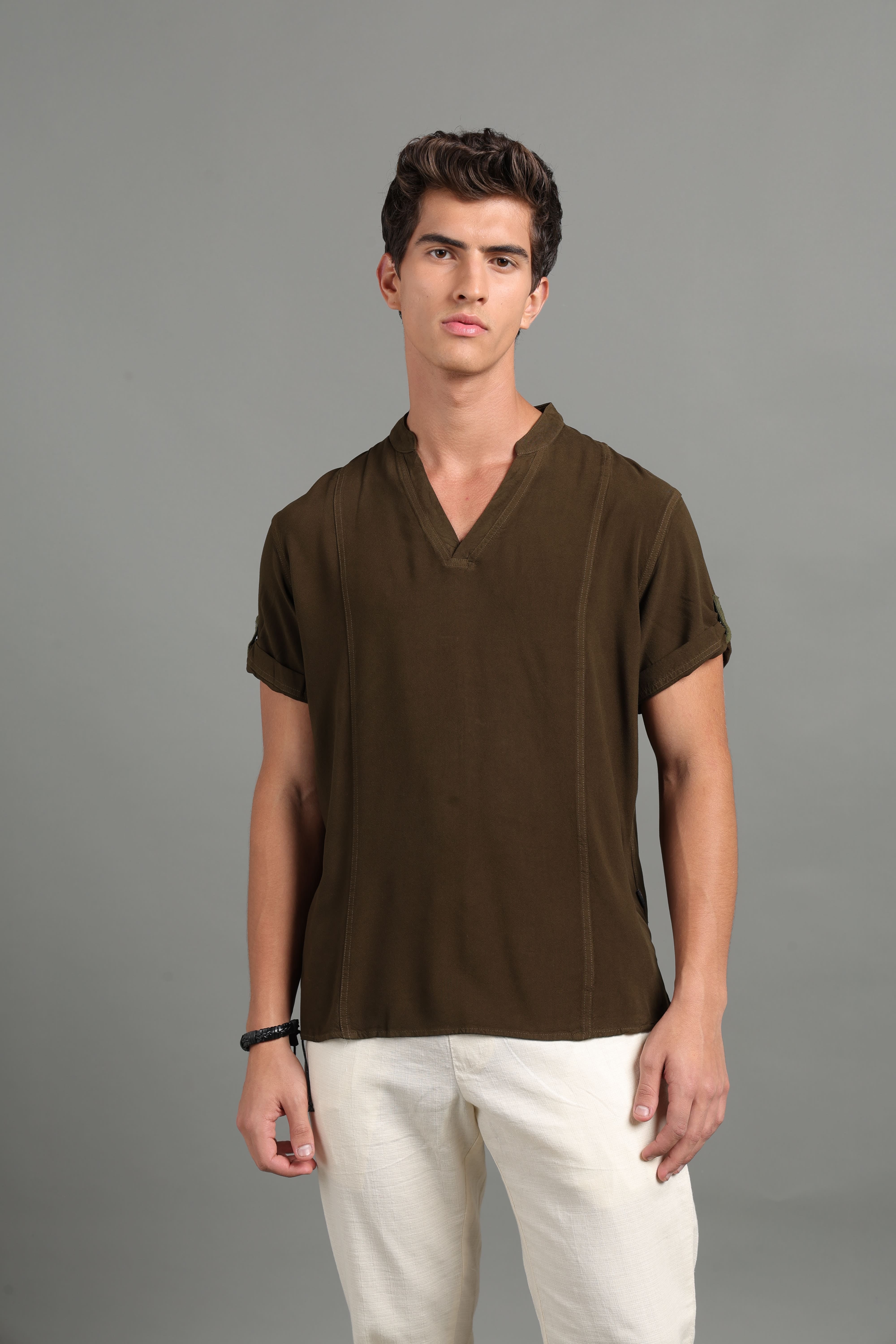 IDENTITI Men Slim Fit Mandarin Collar Solid Shirt In Olive.