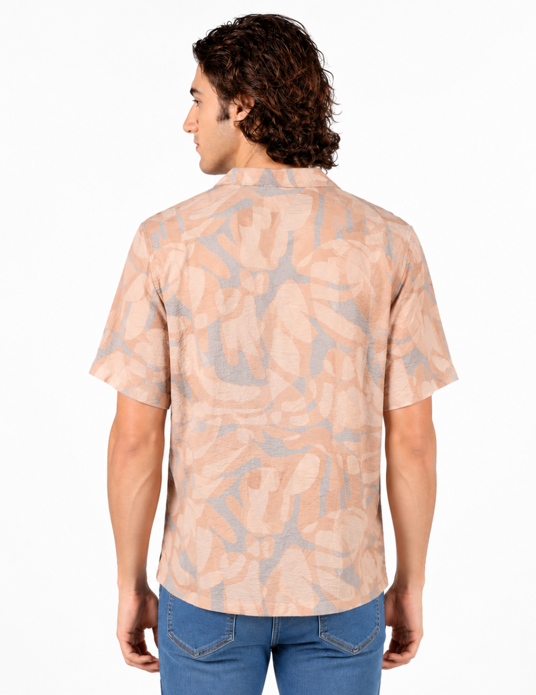 IDENTITI Men Slim Fit Cuban Collar Printed Shirt In Peach.
