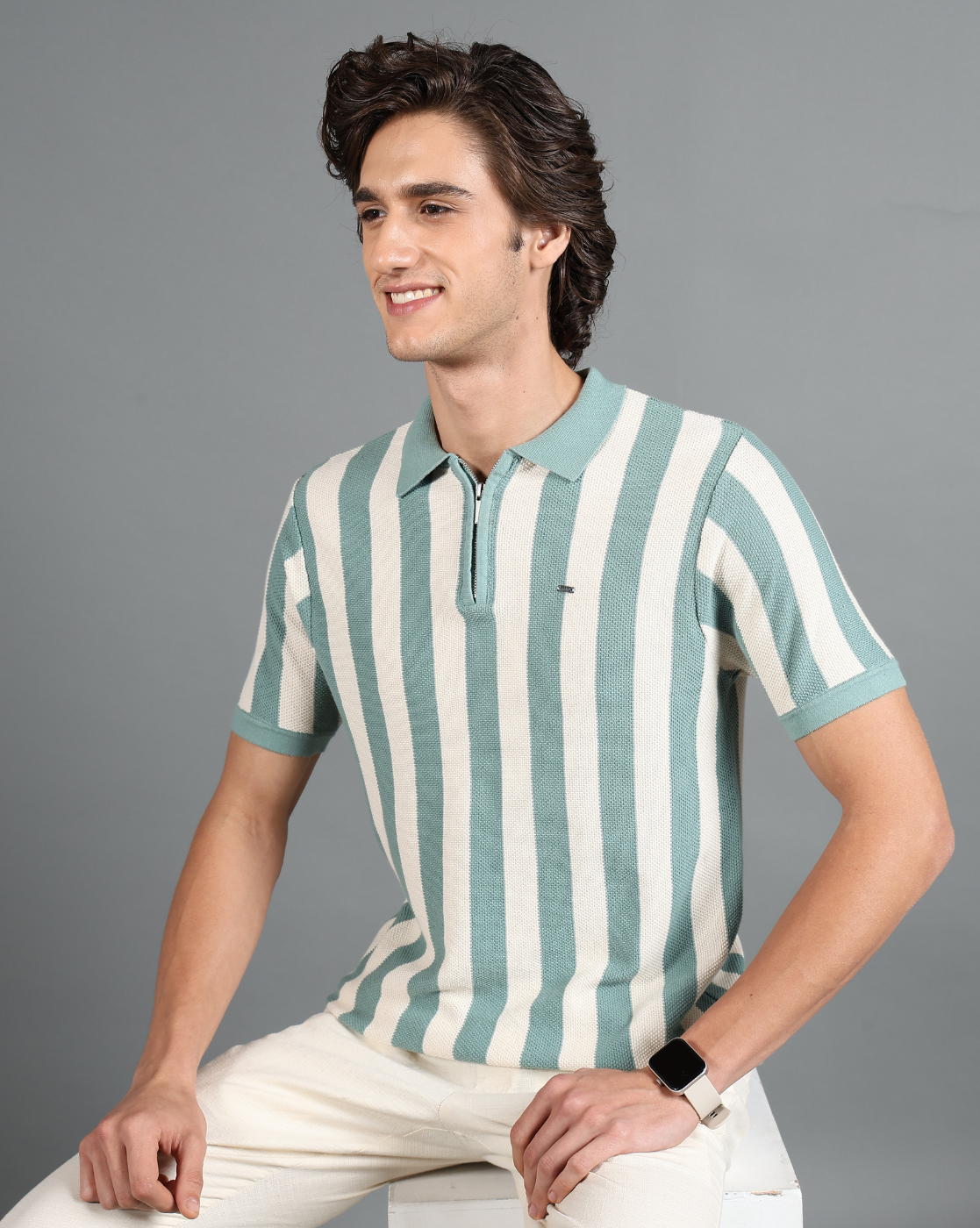 IDENTITI Mint Green Half Sleeve Striped Slim Fit Cotton Casual Polo T-Shirt For Men.