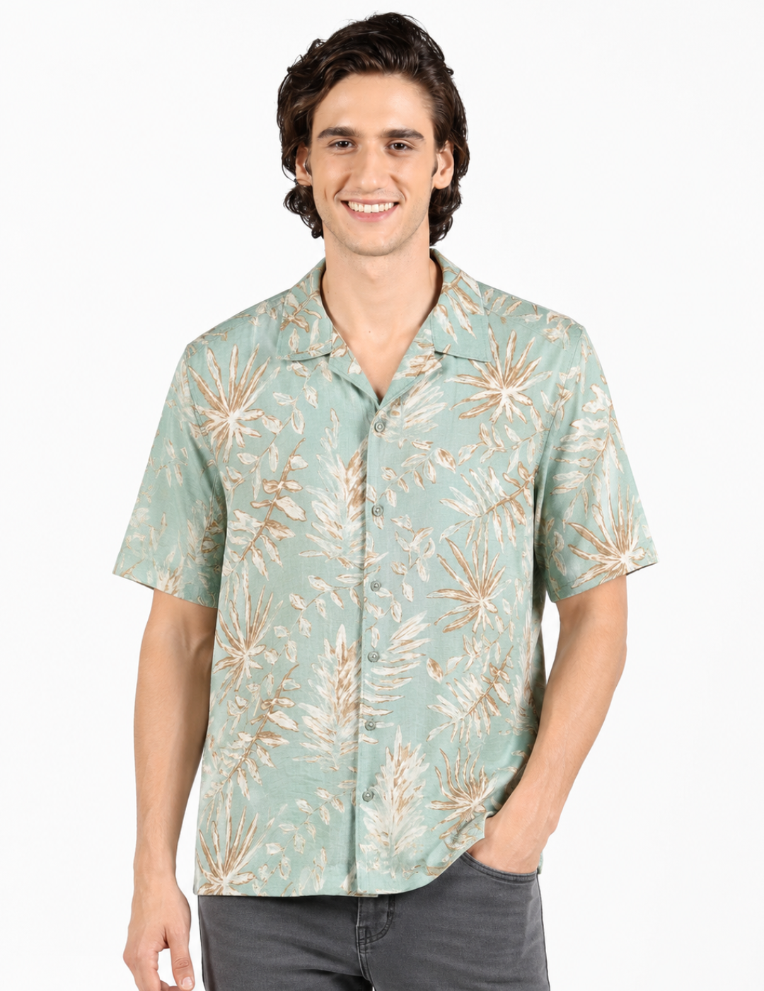 IDENTITI Men Slim Fit Cuban Collar Printed Shirt In Mint.