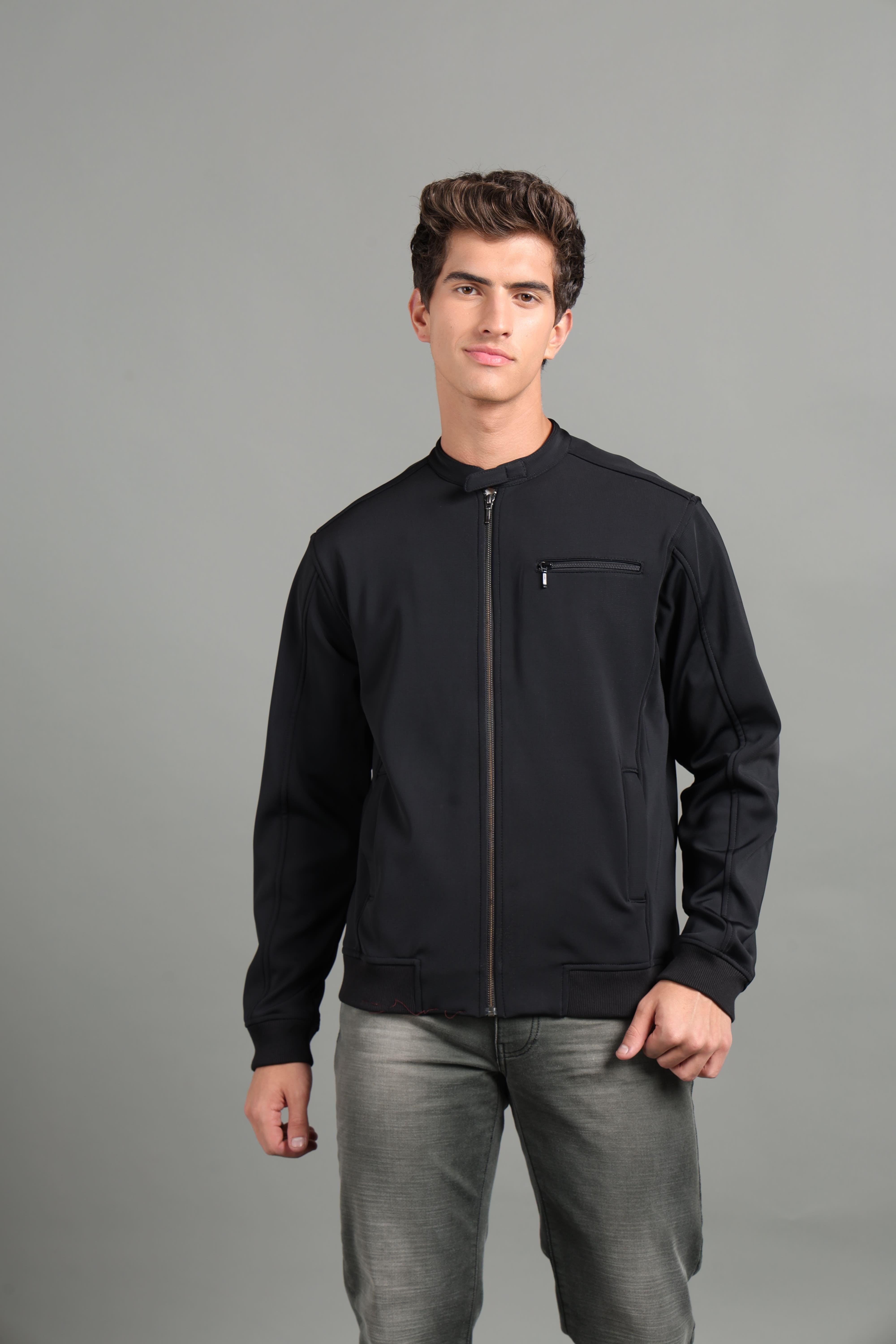 IDENTITI Men Slim Fit Mandarin Collar Solid Jacket In Black.