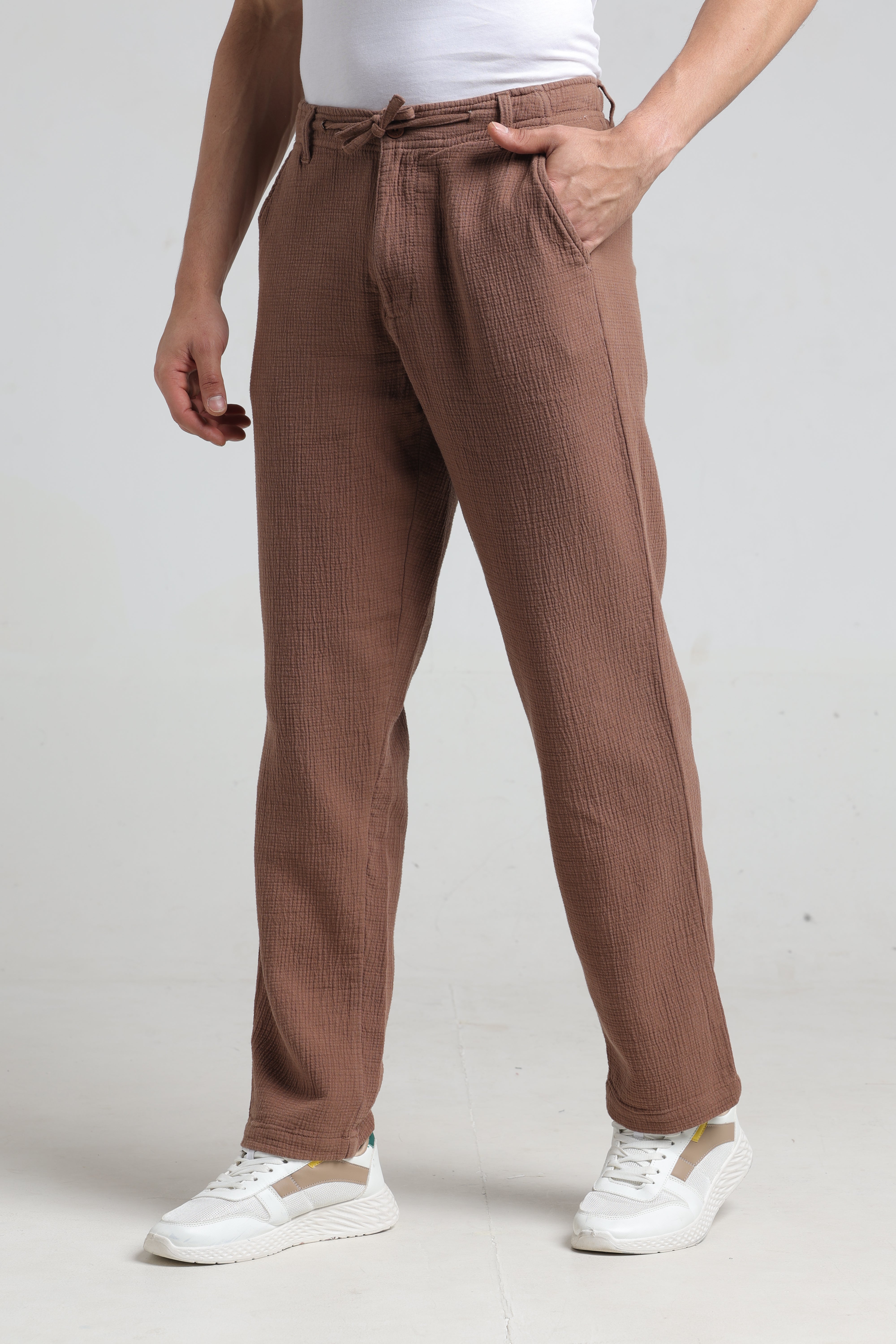 IDENTITI Men Relaxed Fit Non Denim Solid Trouser In Brown.