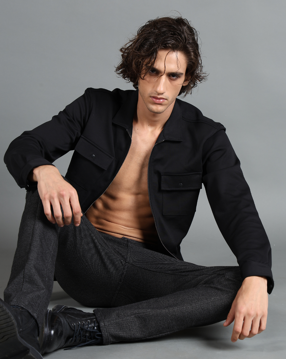 IDENTITI Men Slim Fit Regular Collar Solid knit Jacket In Black.