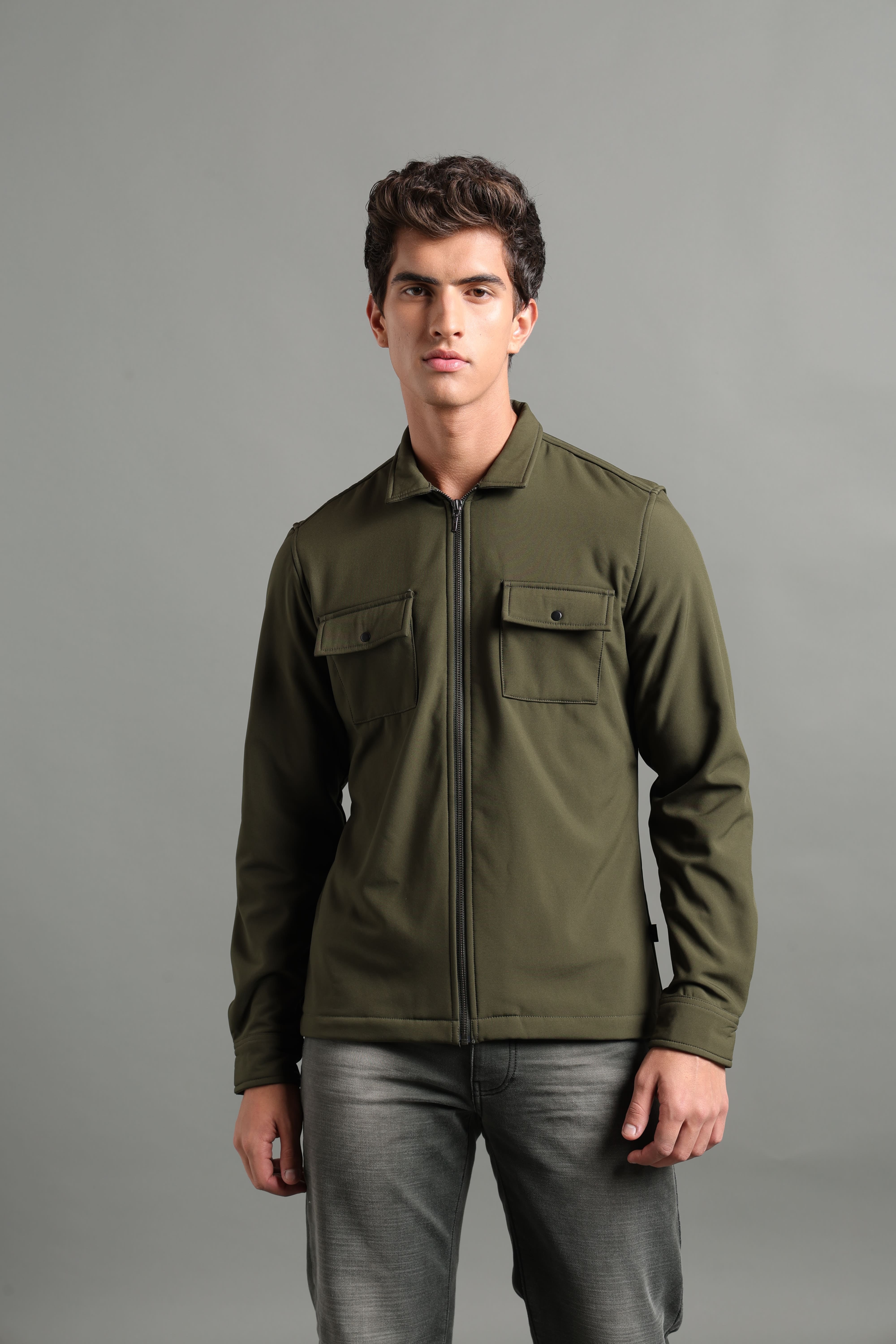 IDENTITI Men Slim Fit Regular Collar Solid Jacket In Olive.