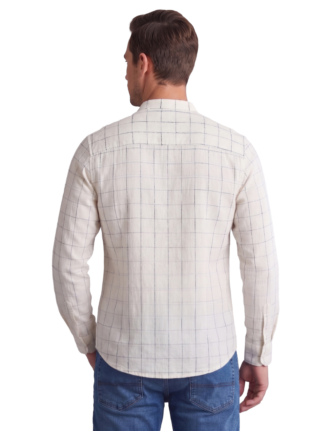 IDENTITI Men Slim Fit Mandarin Collar Checks Shirt In Offwhite.