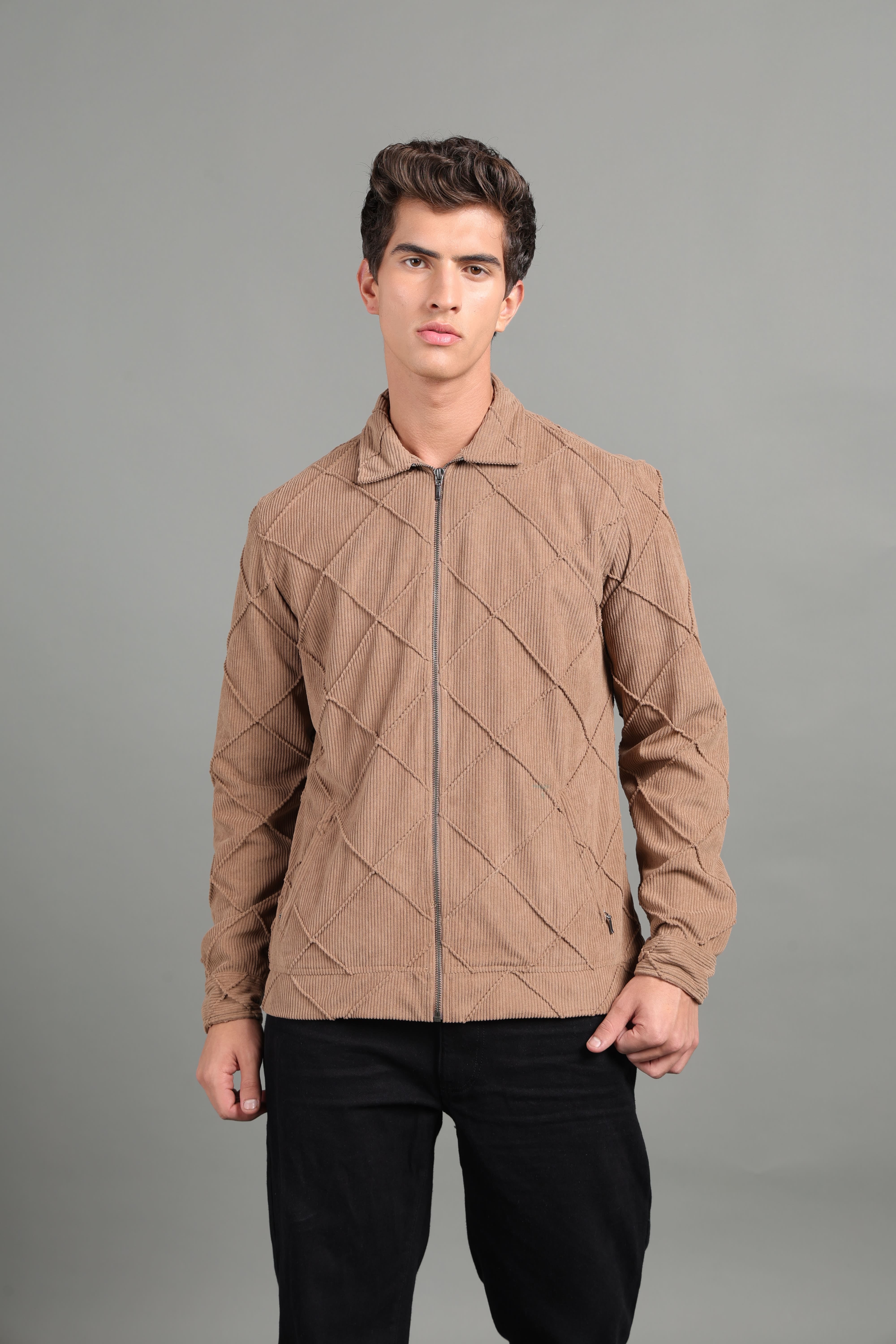 IDENTITI Men Slim Fit Regular Collar Solid Jacket In Khaki.