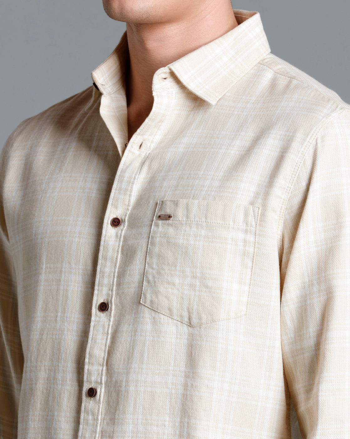IDENTITI Men Slim Fit Regular Collar Checks Shirt In Beige