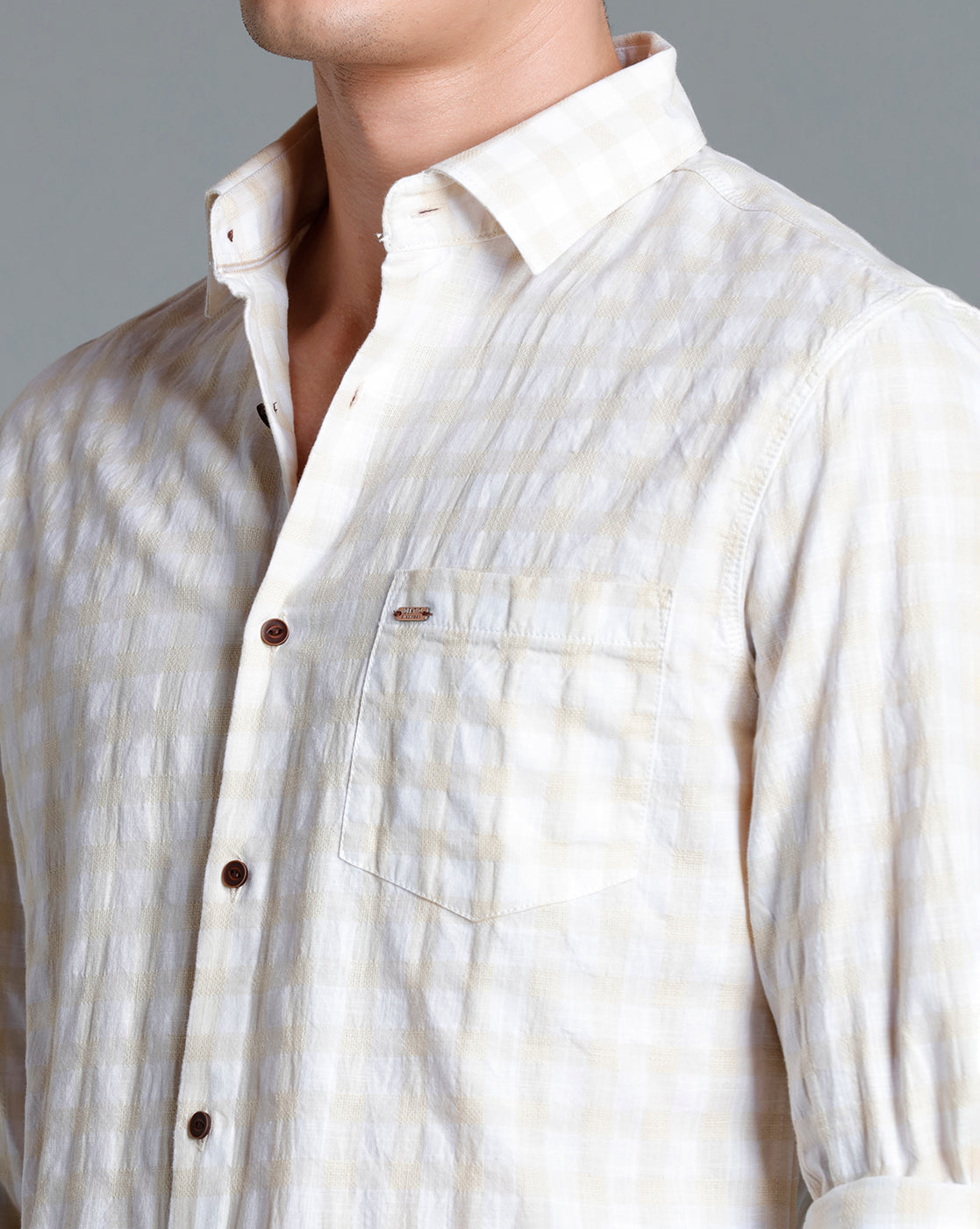 IDENTITI Men Slim Fit Regular Collar Checks Shirt In Beige