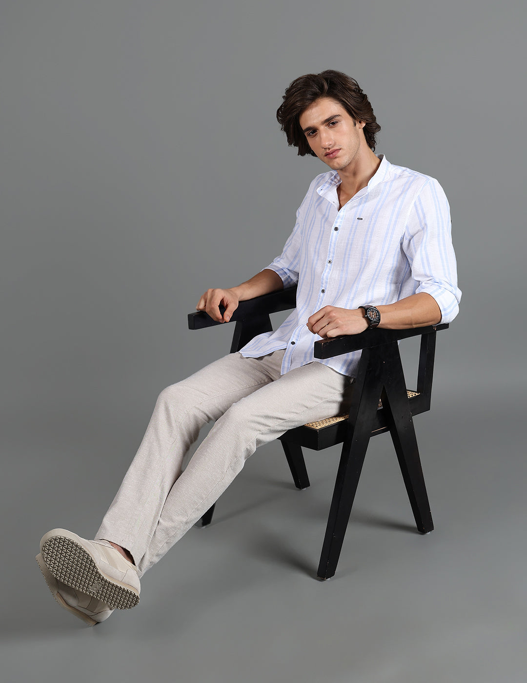 IDENTITI Men Slim Fit Mandarin Collar Striped Shirt In White.