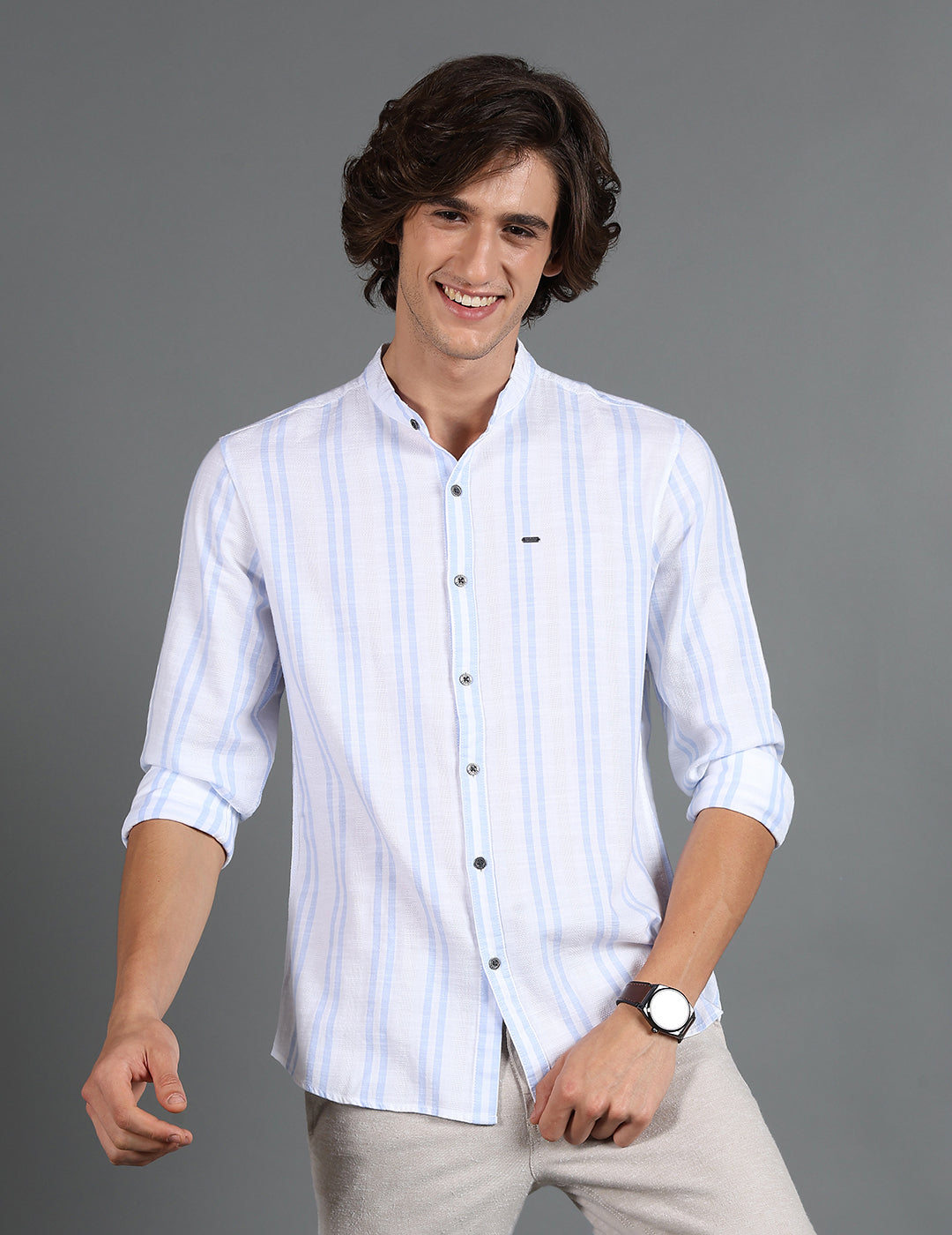 IDENTITI Men Slim Fit Mandarin Collar Striped Shirt In White.