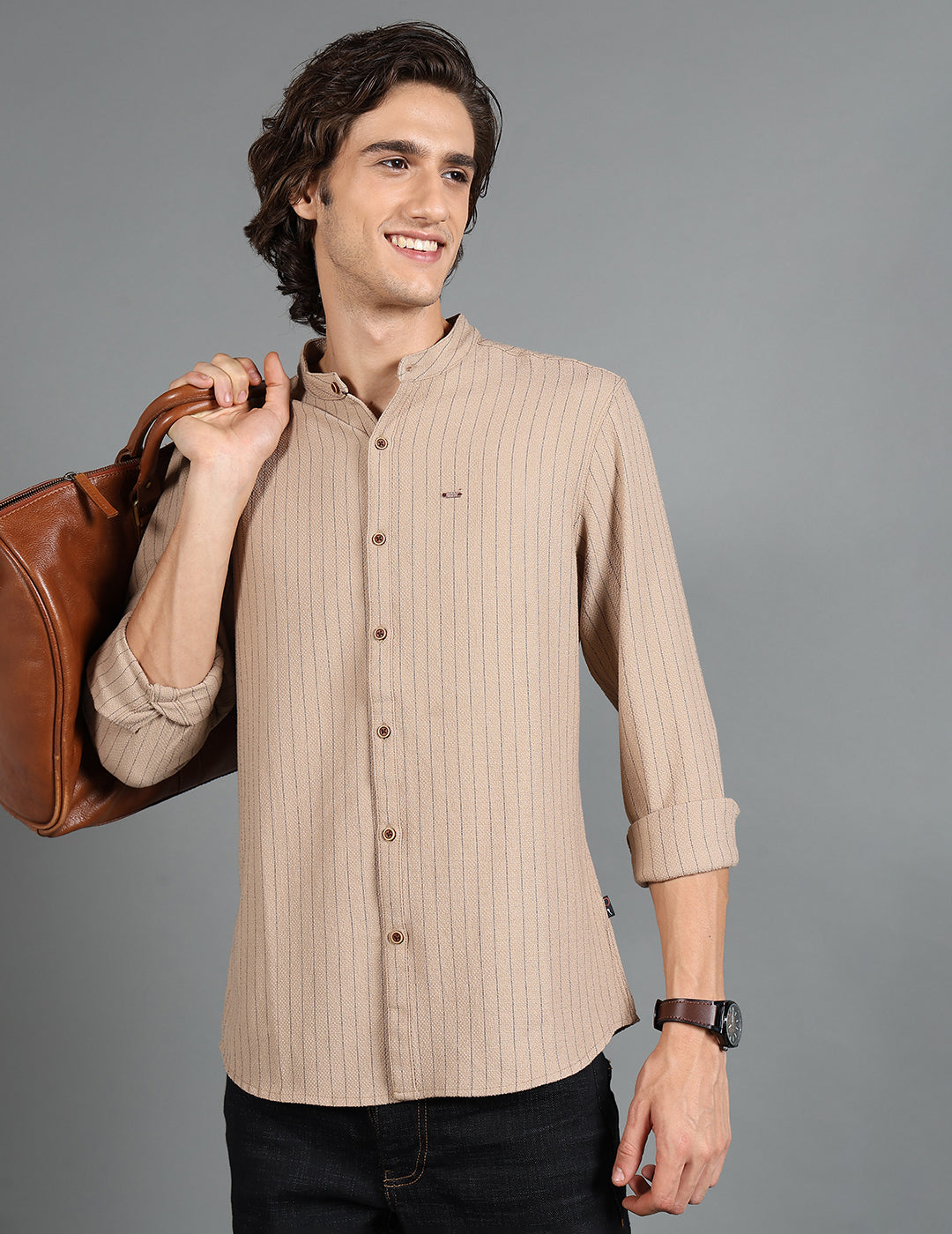 IDENTITI Men Slim Fit Mandarin Collar Striped Shirt In Khaki.