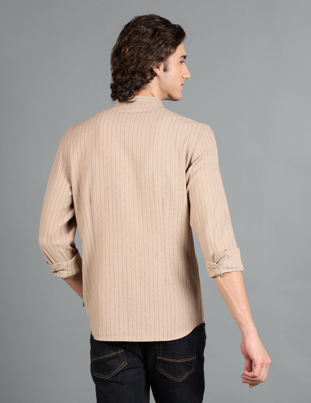IDENTITI Men Slim Fit Mandarin Collar Striped Shirt In Khaki.