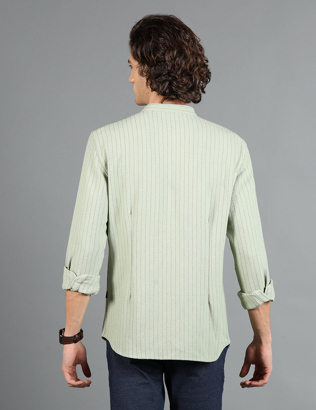 IDENTITI Men Slim Fit Mandarin Collar Striped Shirt In Pista Green.