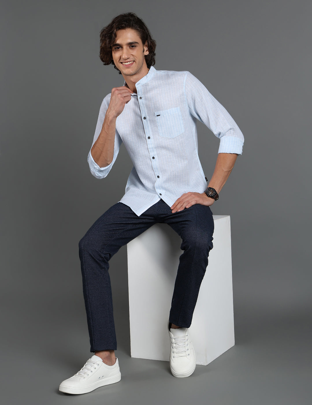 IDENTITI Men Slim Fit Mandarin Collar Striped Shirt In Blue.