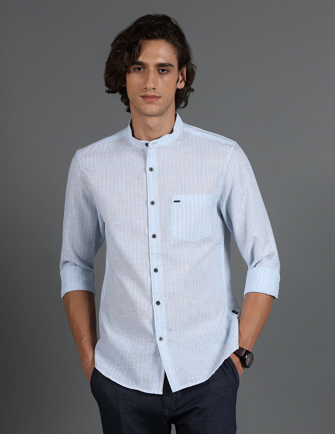 IDENTITI Men Slim Fit Mandarin Collar Striped Shirt In Blue.