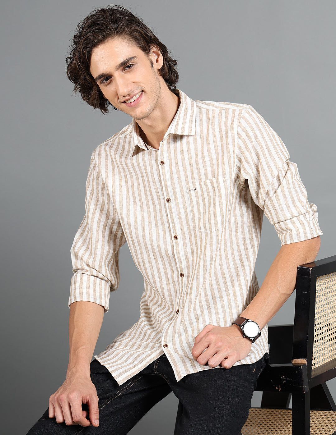 IDENTITI Men Slim Fit Regular Collar Striped Shirt In Beige.