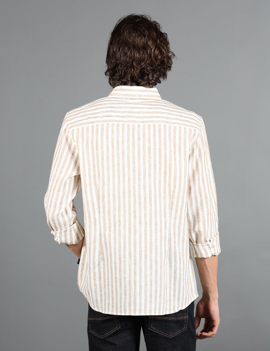 IDENTITI Men Slim Fit Regular Collar Striped Shirt In Beige.